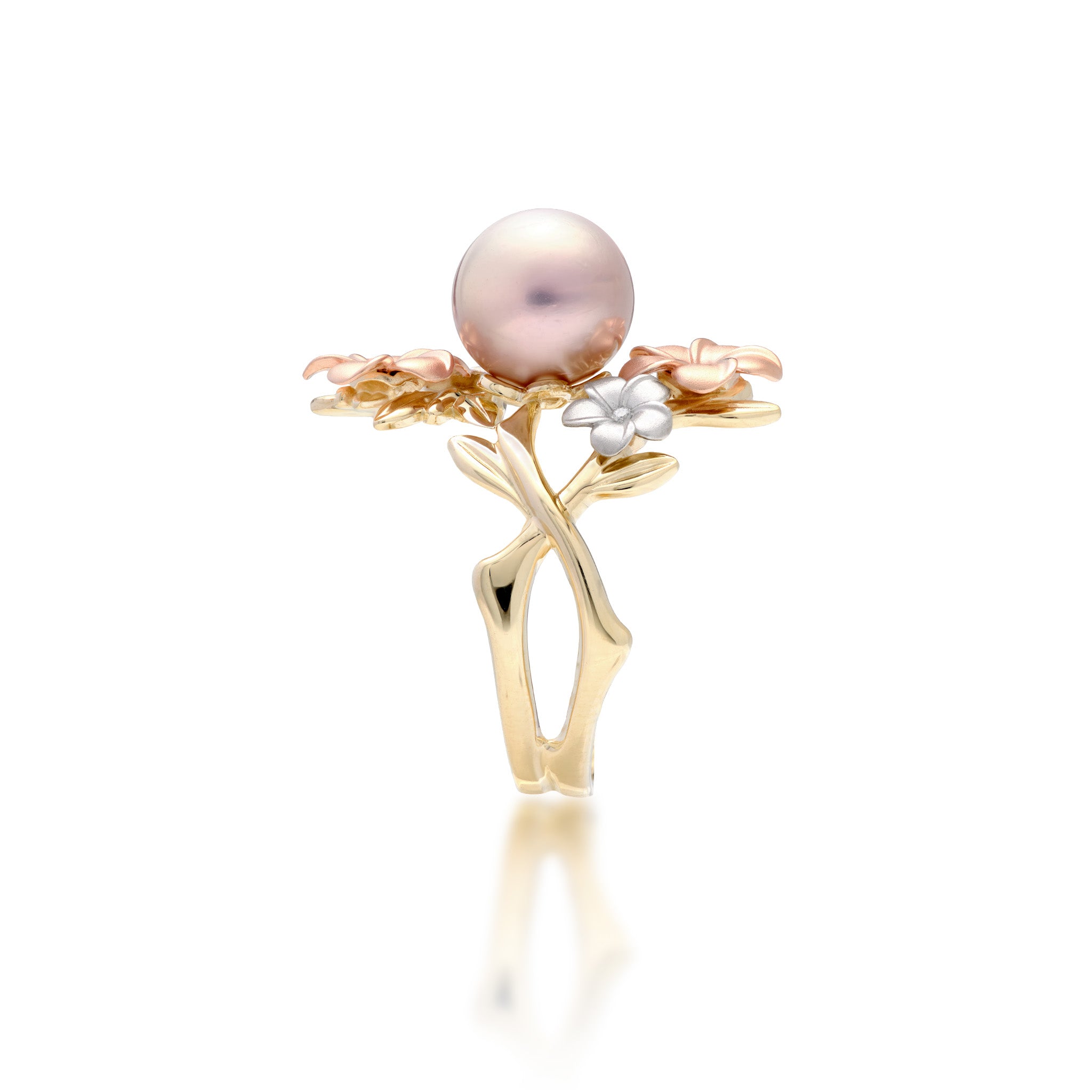Side view of the 22mm Pearls in Bloom Plumeria Lavender Freshwater Pearl Ring in Tri Color Gold with Diamonds on a white background