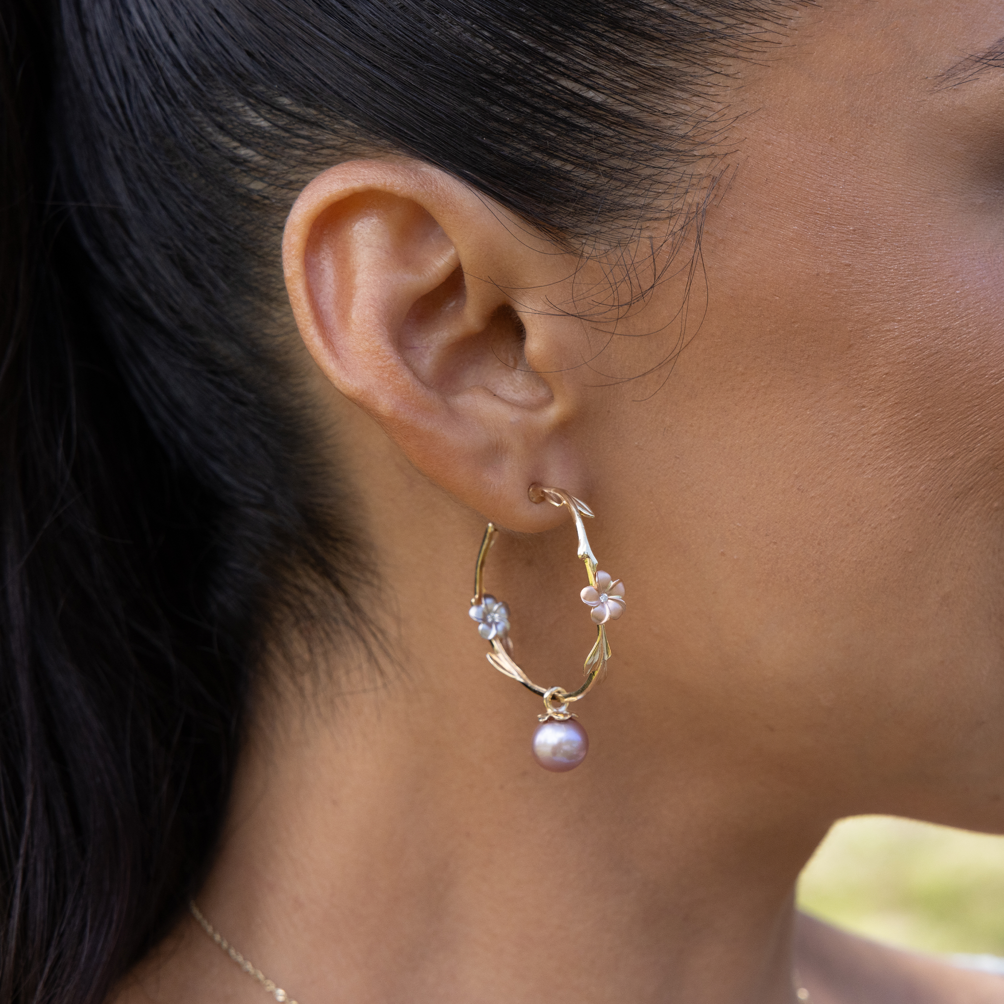 Pearls in Bloom Plumeria Lavender Freshwater Pearl Earrings in Tri Color Gold with Diamonds - 33mm