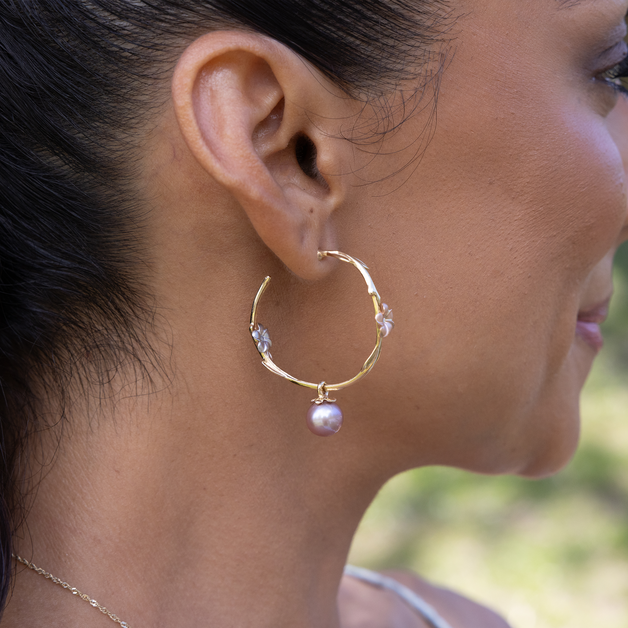 Pearls in Bloom Plumeria Lavender Freshwater Pearl Earrings in Tri Color Gold with Diamonds - 33mm