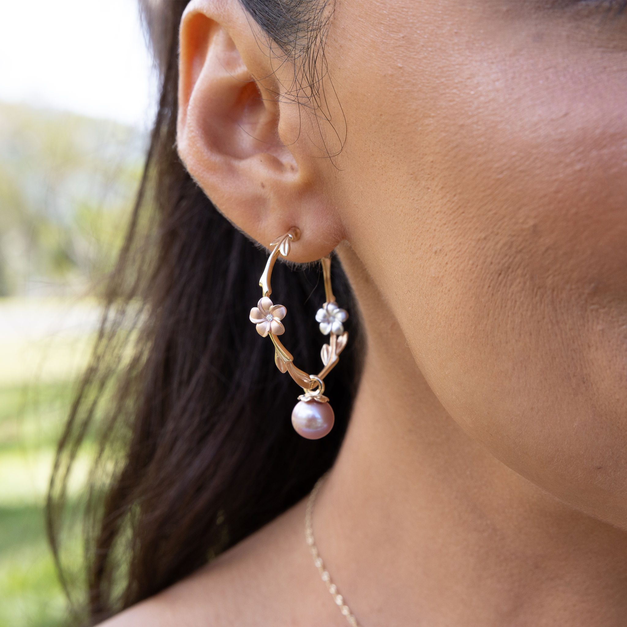 Pearls in Bloom Plumeria Lavender Freshwater Pearl Earrings in Tri Color Gold with Diamonds - 33mm