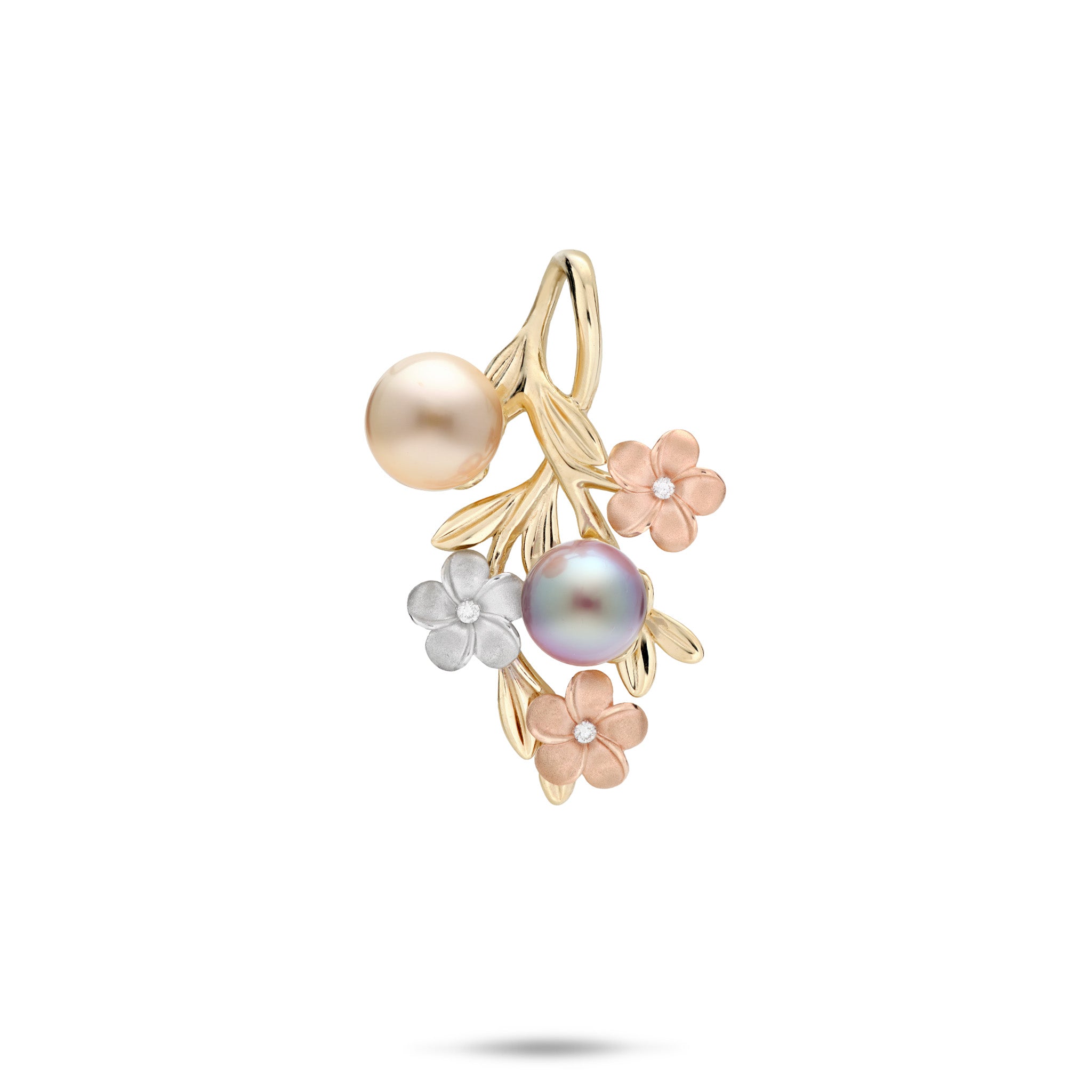 26mm Pearls in Bloom Plumeria Freshwater Pearl Pendant in Tri Color Gold with Diamonds on a white background