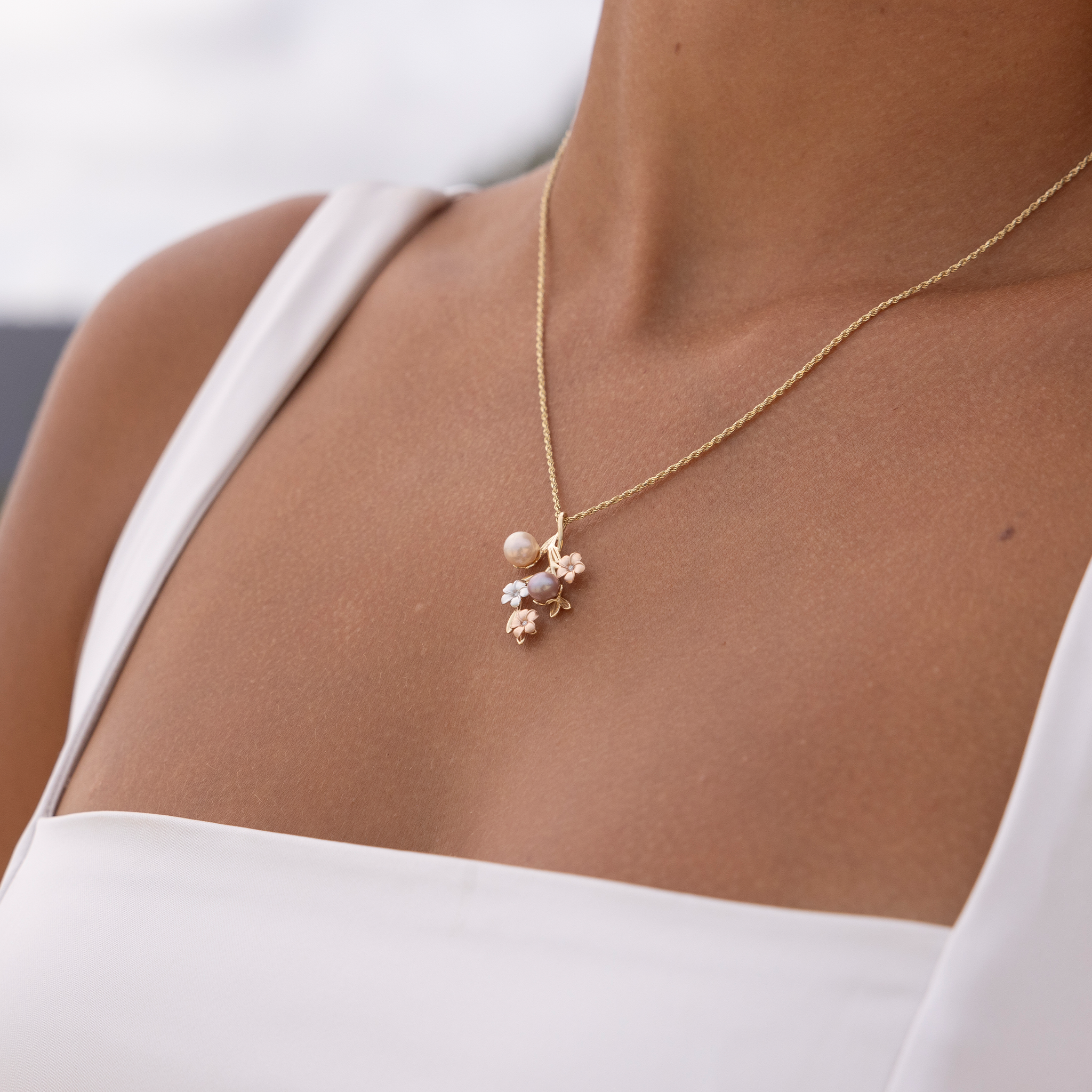 Pearls in Bloom Plumeria Freshwater Pearl Pendant in Tri Color Gold with Diamonds - 27mm