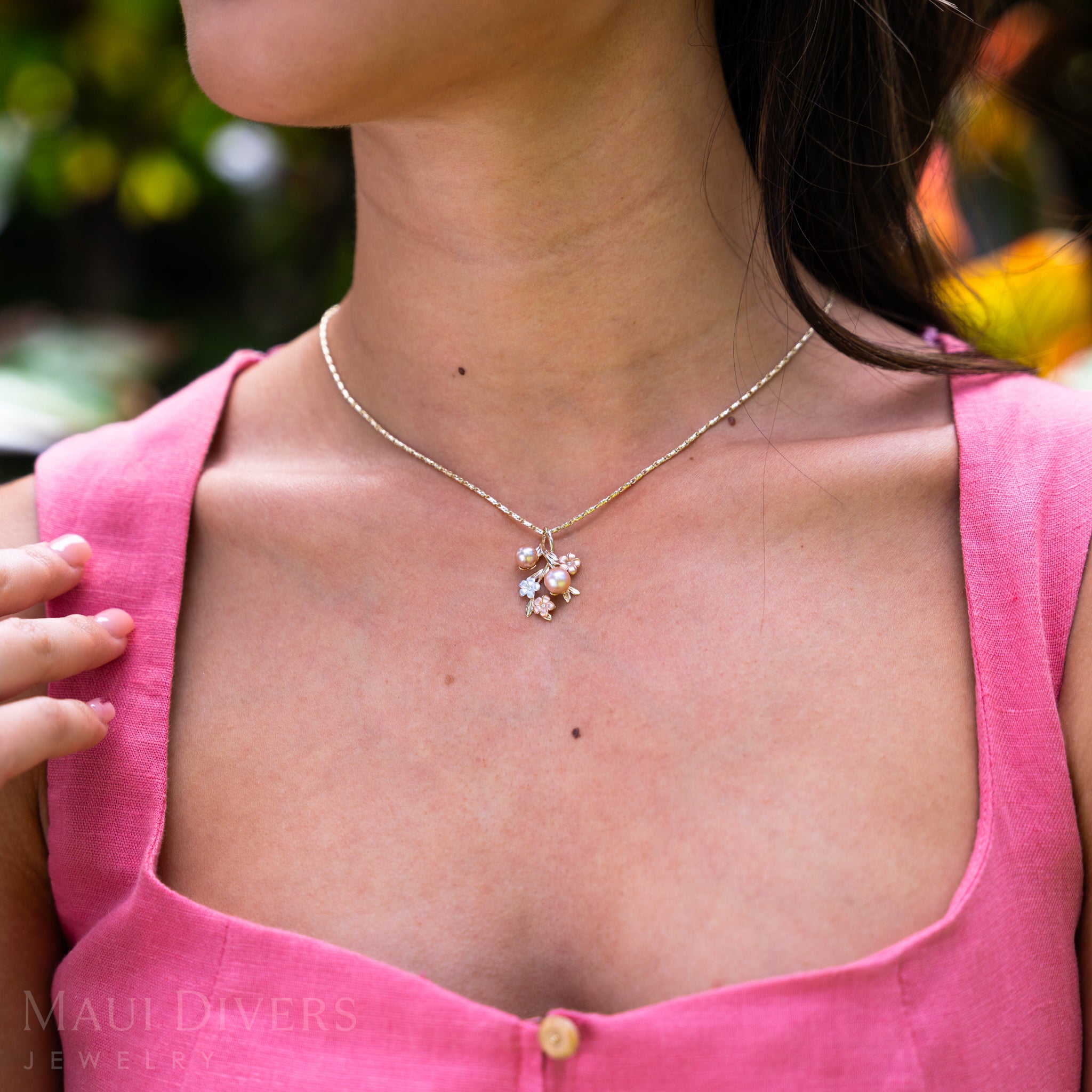 Pearls in Bloom Plumeria Freshwater Pearl Pendant in Tri Color Gold with Diamonds - 27mm