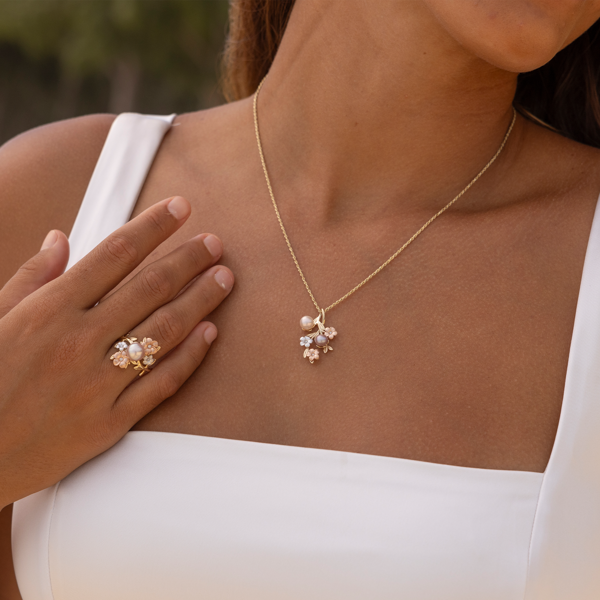 Pearls in Bloom Plumeria Freshwater Pearl Pendant in Tri Color Gold with Diamonds - 27mm