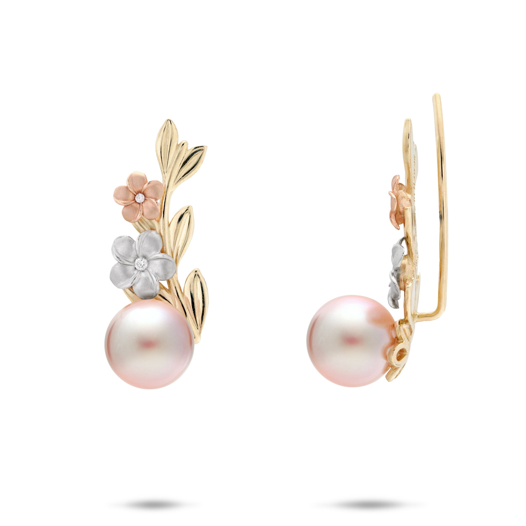 Pearls in Bloom Plumeria Lavender Freshwater Pearl Climber Earrings in Tri Color Gold with Diamonds on white