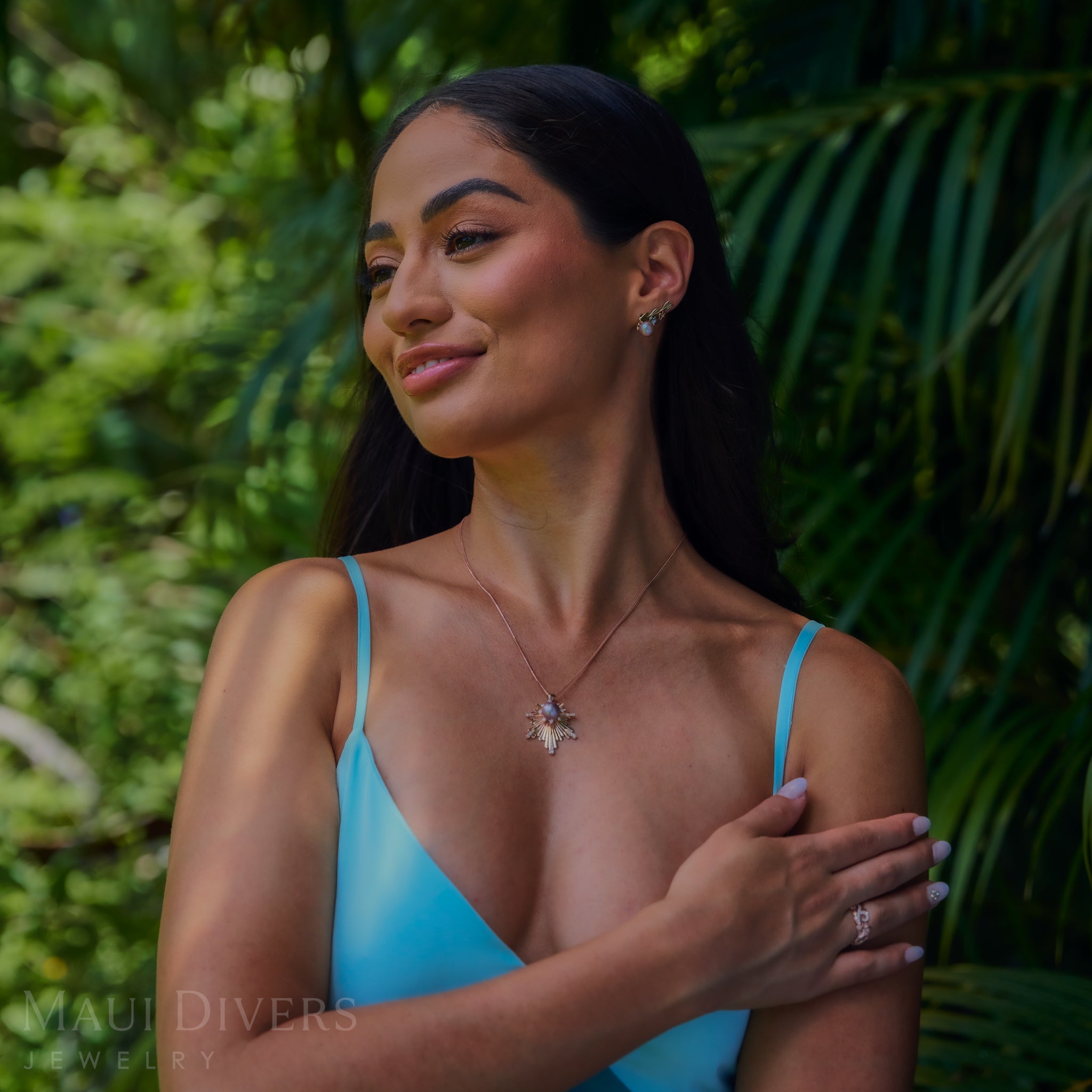 Pearls in Bloom Plumeria Lavender Freshwater Pearl Climber Earrings in Tri Color Gold with Diamonds