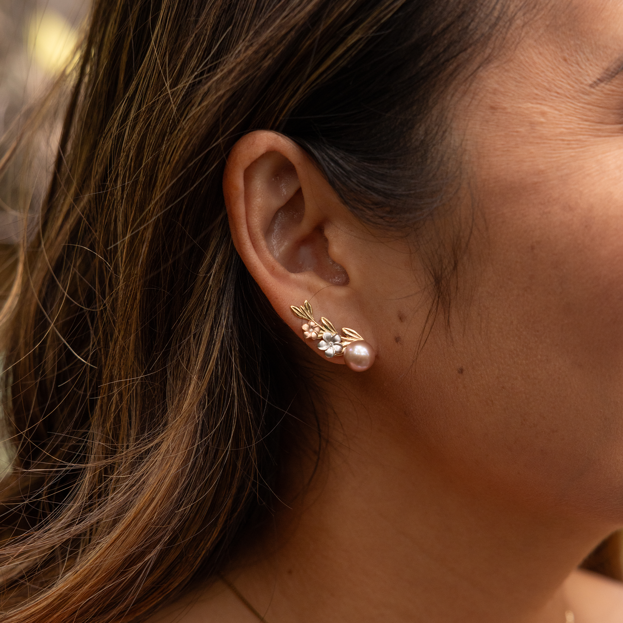 Pearls in Bloom Plumeria Lavender Freshwater Pearl Climber Earrings in Tri Color Gold with Diamonds