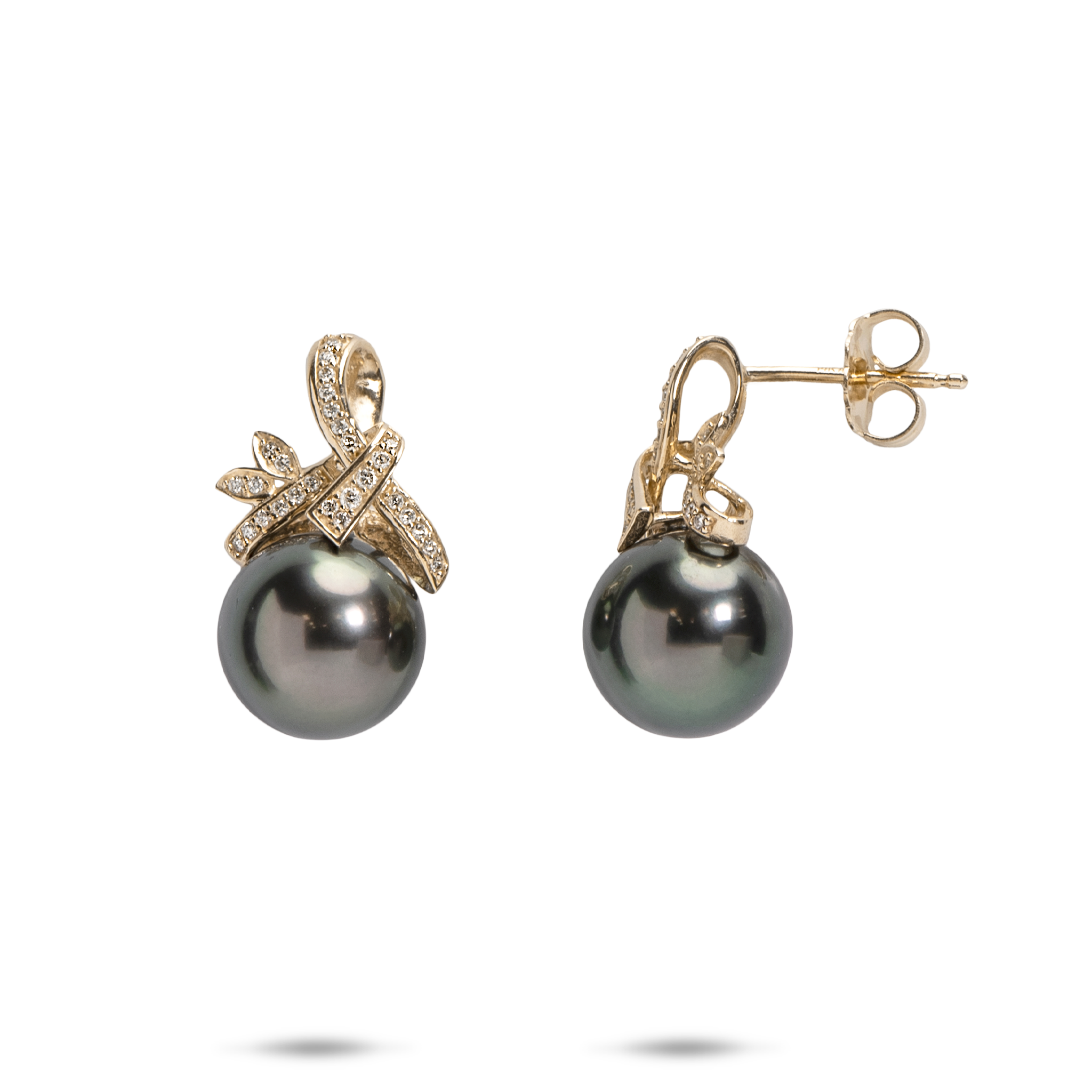 Tahitian Black Pearl Earrings in Gold with Diamonds - 9-10mm