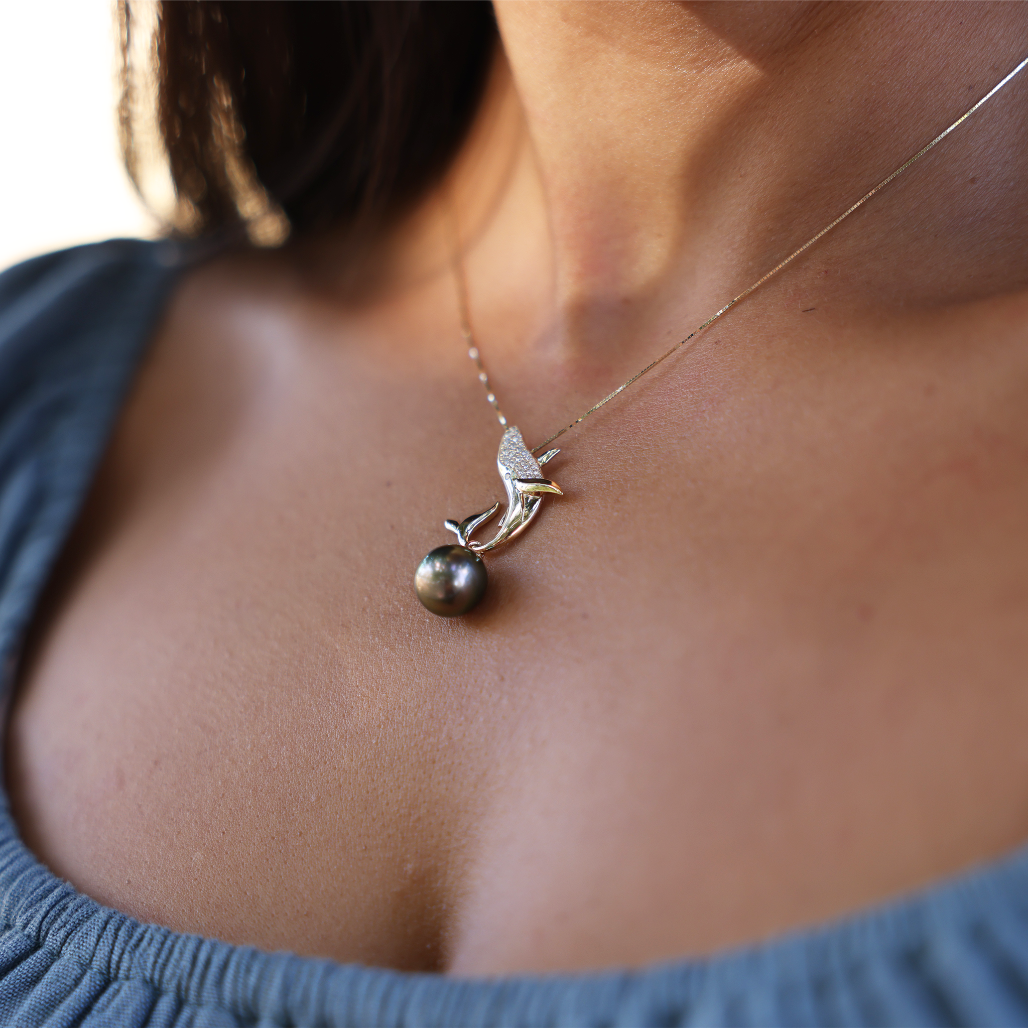 Maui Divers Jewelry Ocean Dance Whale Tahitian Black Pearl Pendant in Gold with Diamonds on Chest