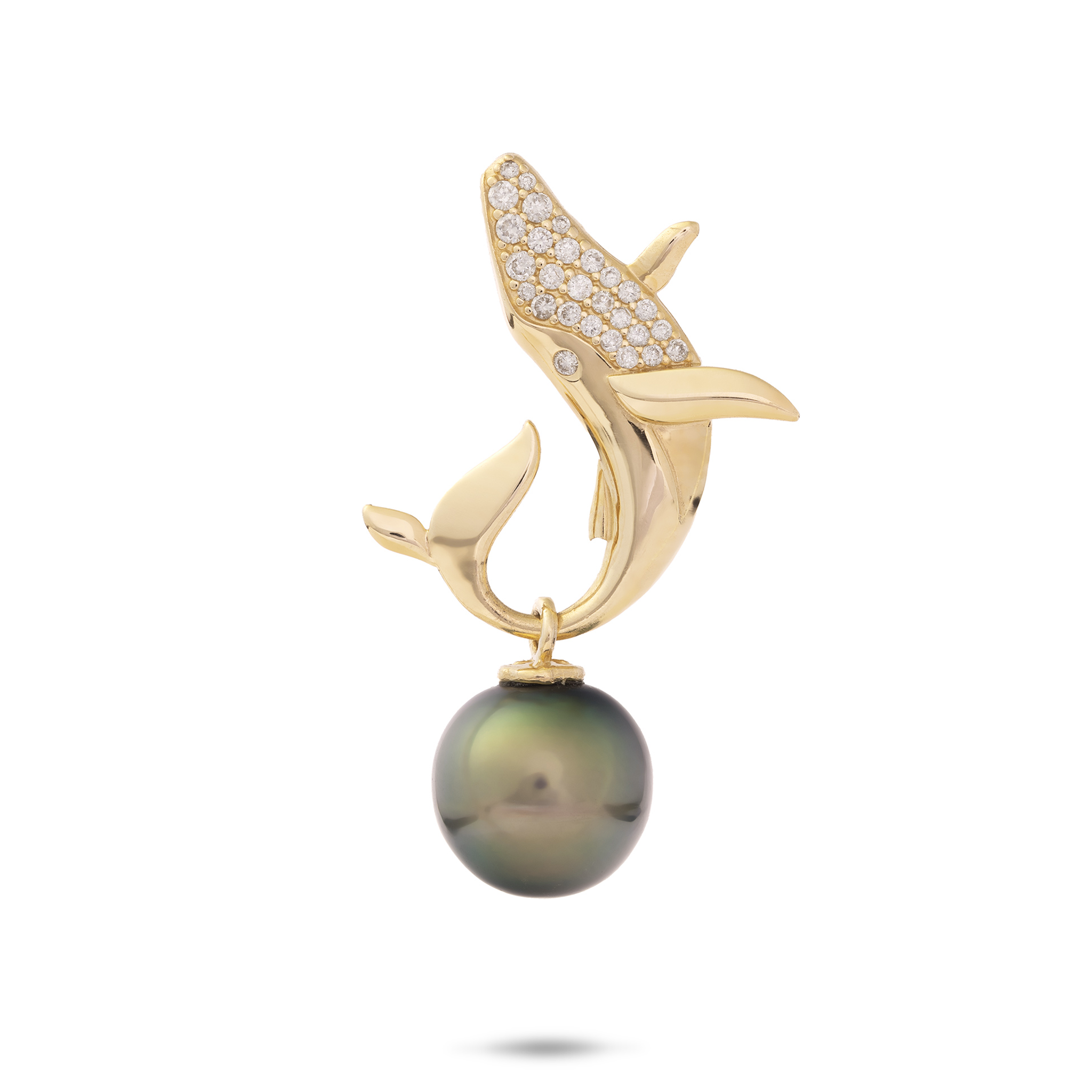 Ocean Dance Whale Tahitian Black Pearl Pendant in Gold with Diamonds - 9-10mm