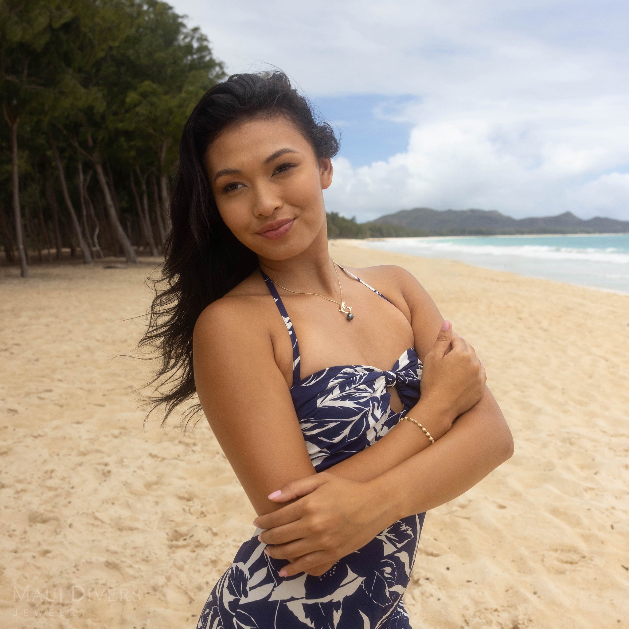 Ocean Dance Dolphin Tahitian Black Pearl Pendant in Gold with Diamonds - 9-10mm