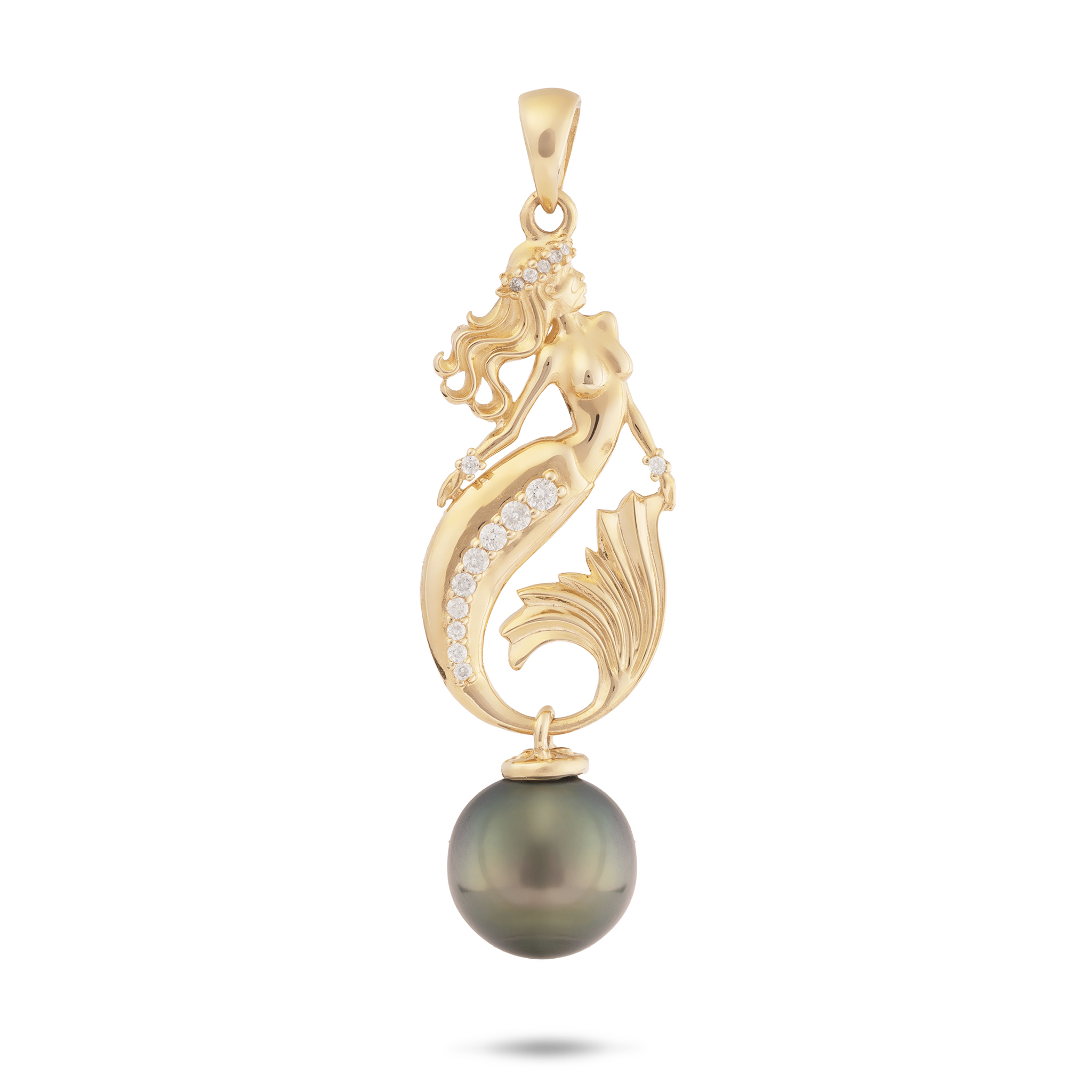 Ocean Dance Mermaid Tahitian Black Pearl Pendant in Gold with Diamonds - 9-10mm