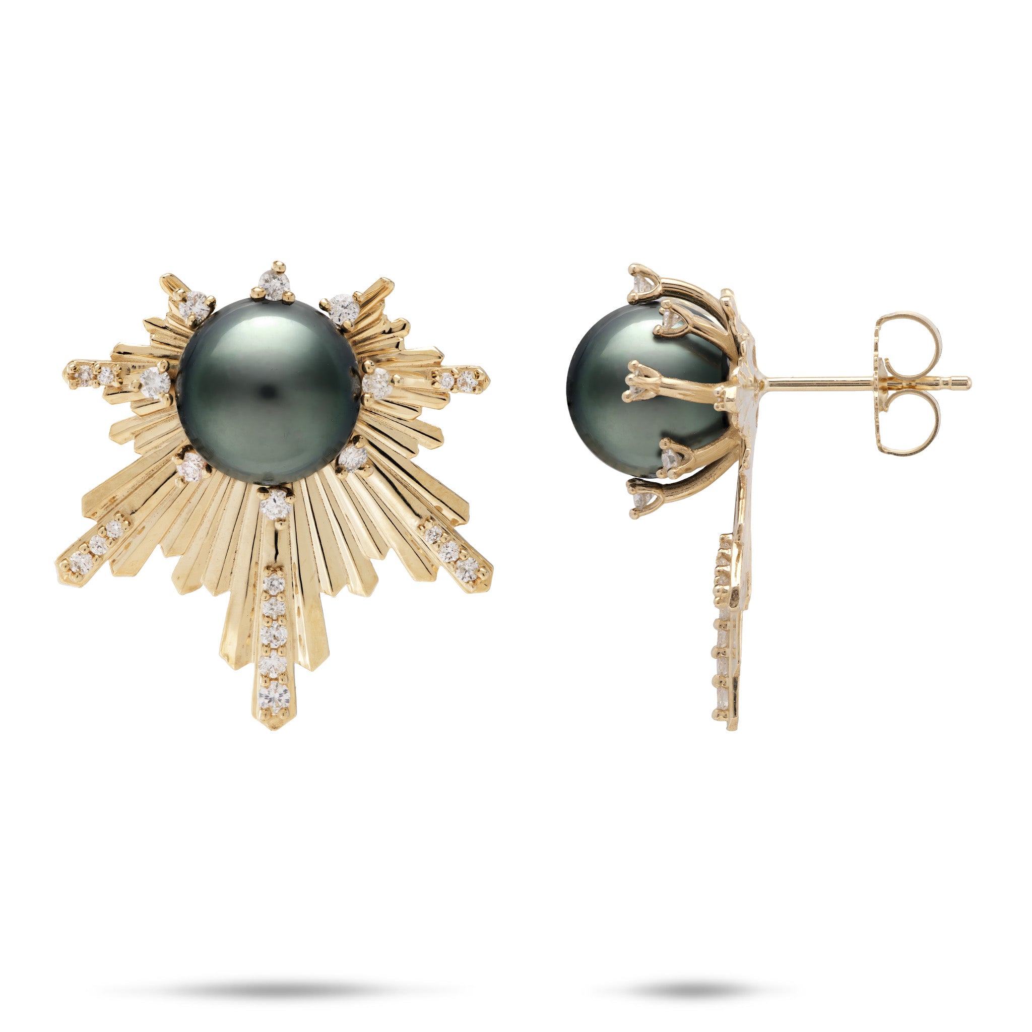 A pair of 14k yellow gold Hawaiian sunrise inspired stud earrings featuring a 9-10mm Tahitian black pearls and pavé diamonds at the edges and around the pearl, shown from both front and side angles on a white background.
