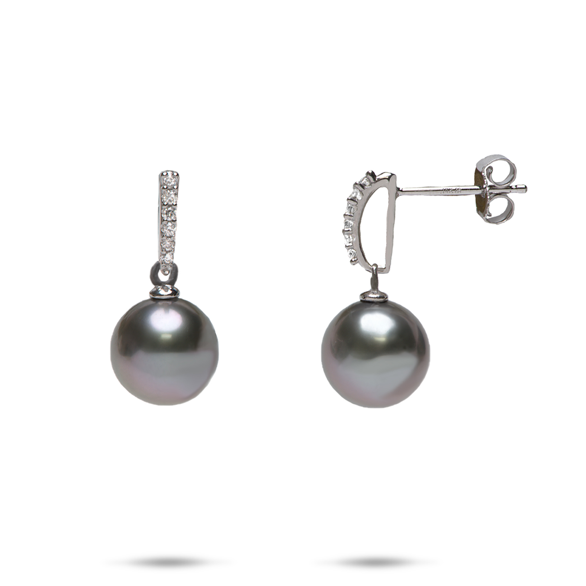 Tahitian Black Pearl Earrings in White Gold with Diamonds - 9-10mm