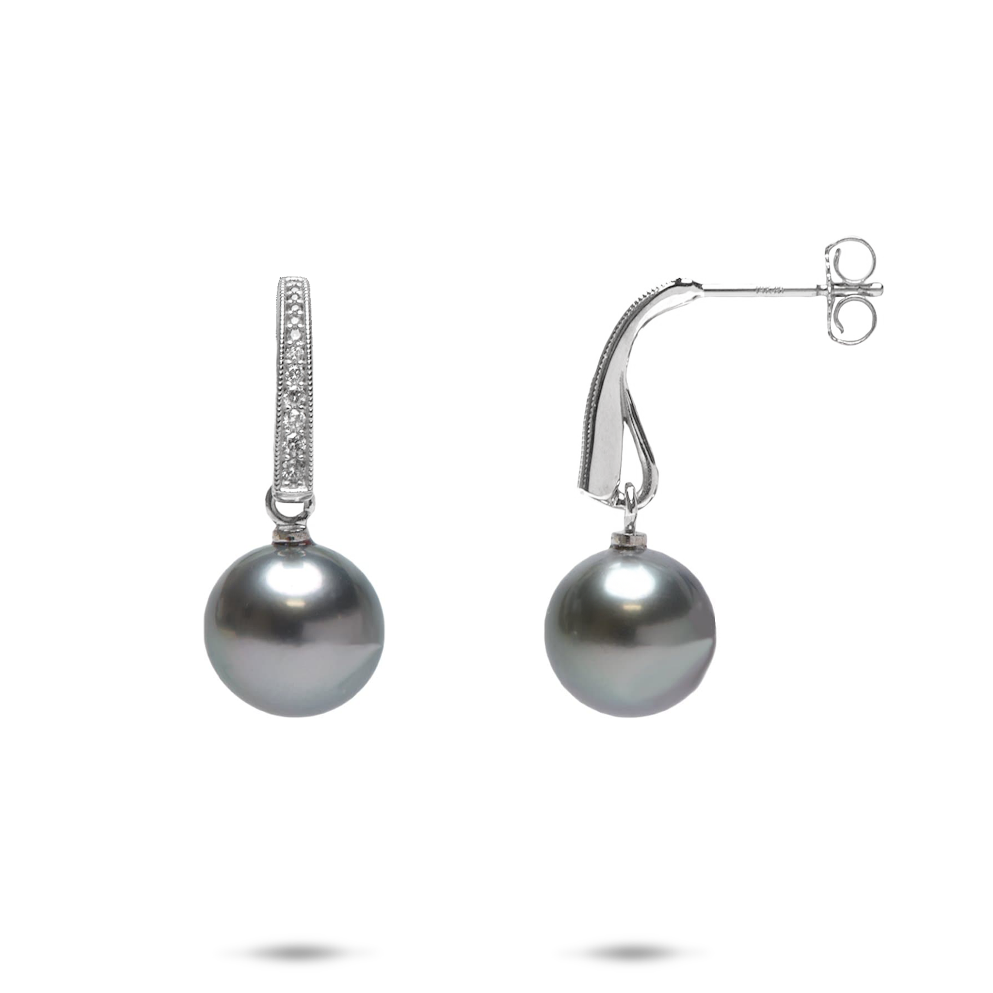 Tahitian Black Pearl Earrings in White Gold with Diamonds - 9-10mm