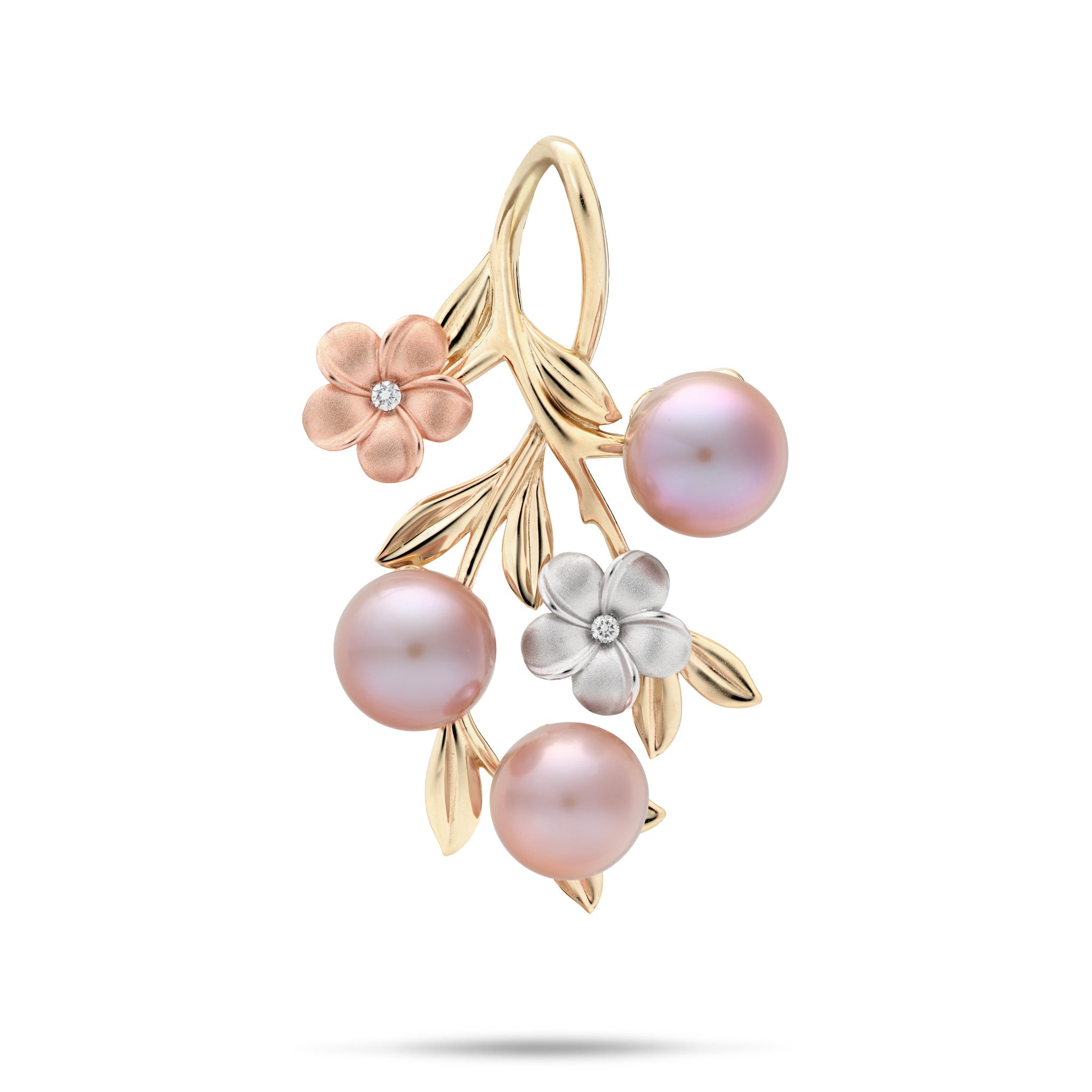 A delicate plumeria jewelry pendant featuring three lvander freshwater pearls, one diamond-accented plumeria in white gold, one diamond-accented plumeria in rose gold, arranged on a gold branch against a white background.