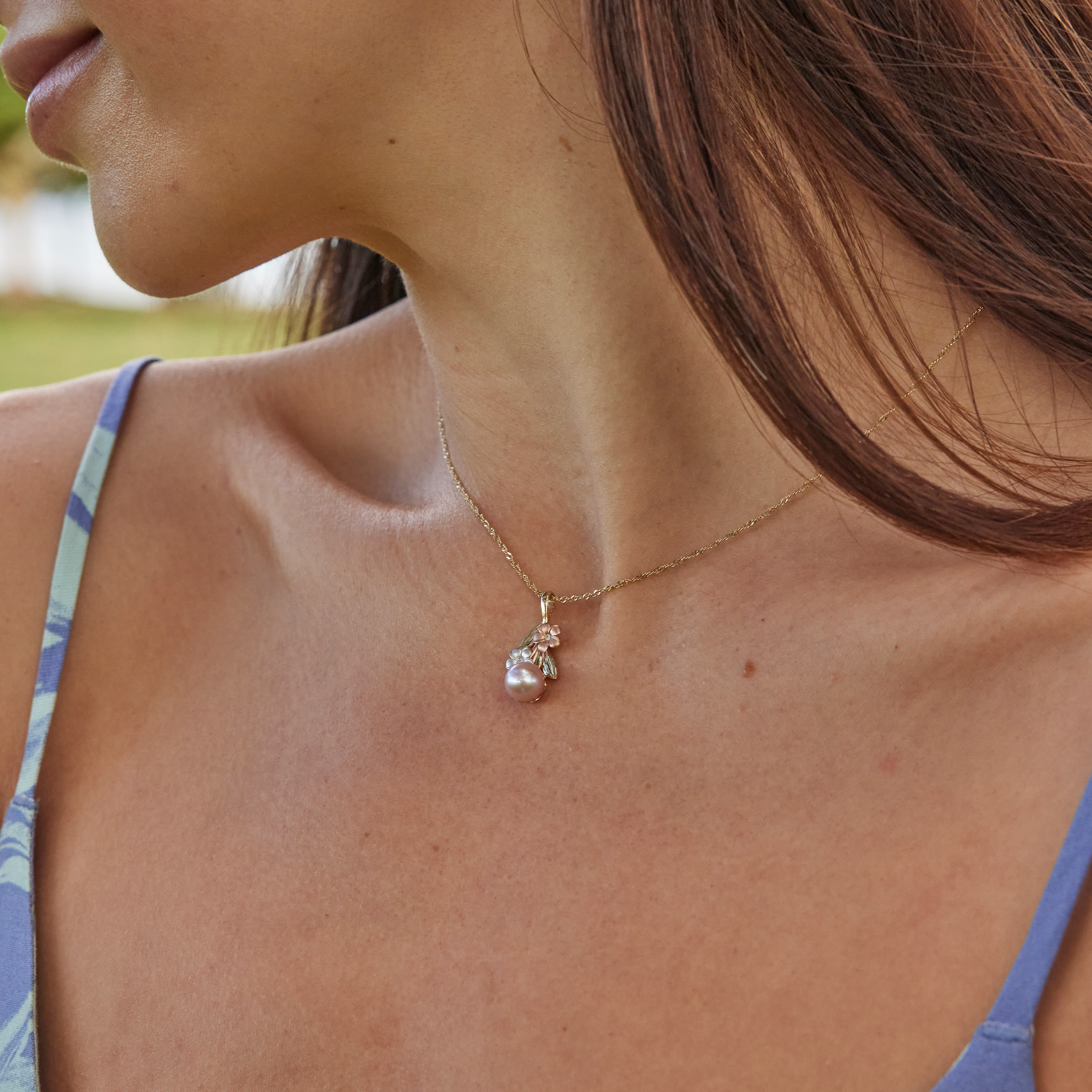 Pearls in Bloom Plumeria Lavender Freshwater Pearl Pendant in Tri Color Gold with Diamonds - 7-8mm
