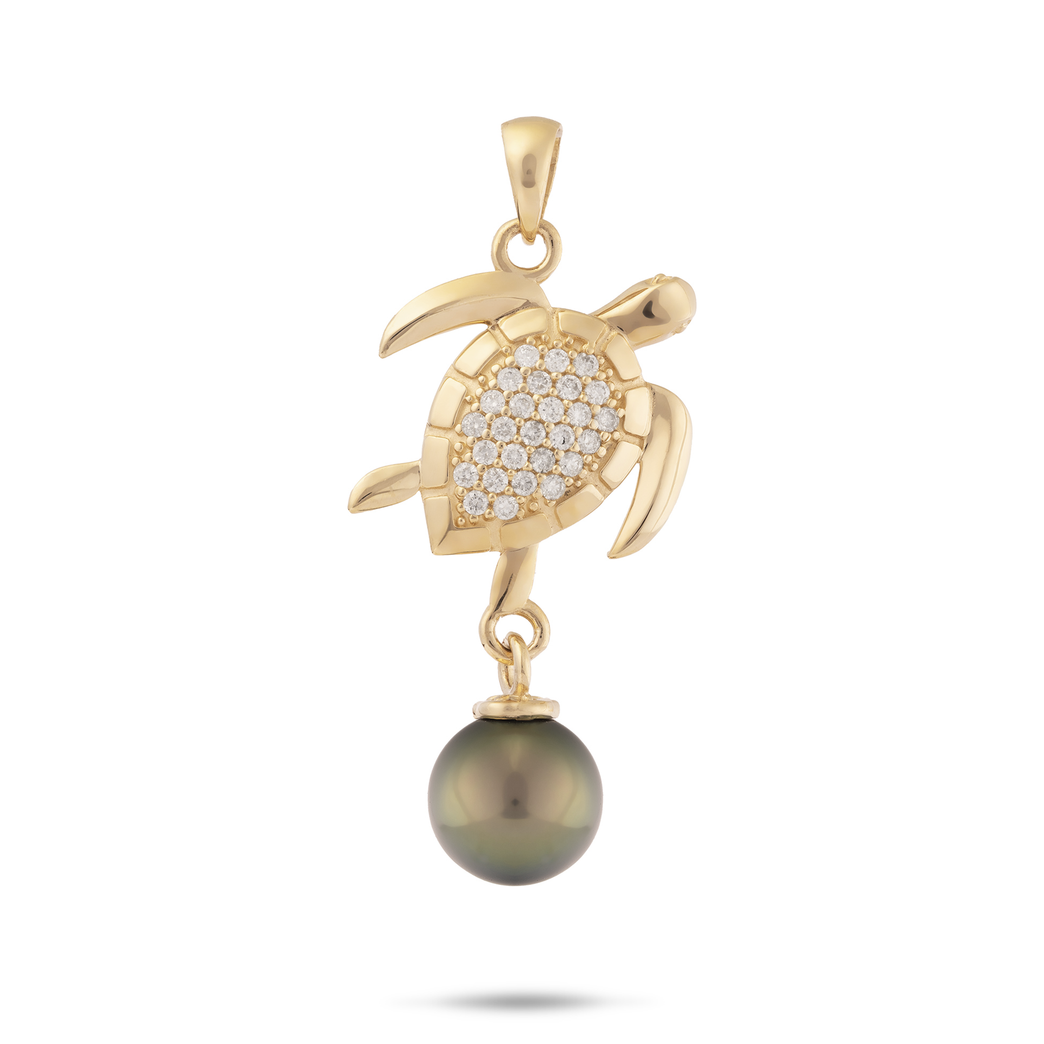 Ocean Dance Honu (Sea Turtle) Tahitian Black Pearl Pendant in Gold with Diamonds - 9-10mm