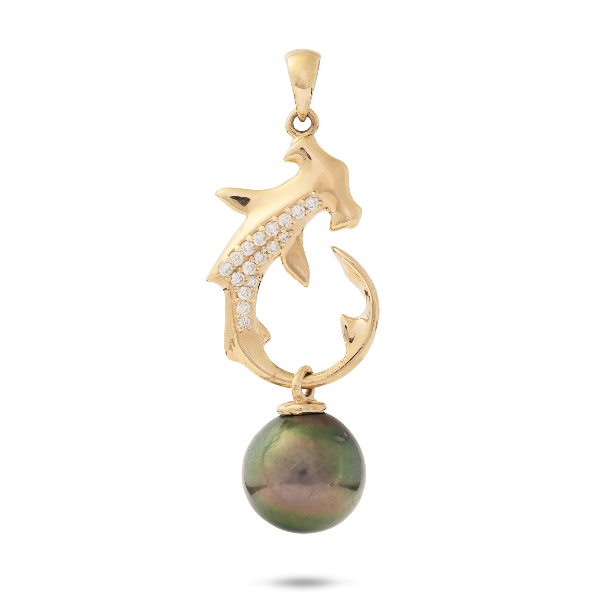Ocean Dance Hammerhead Shark Tahitian Black Pearl Pendant in Gold with Diamonds