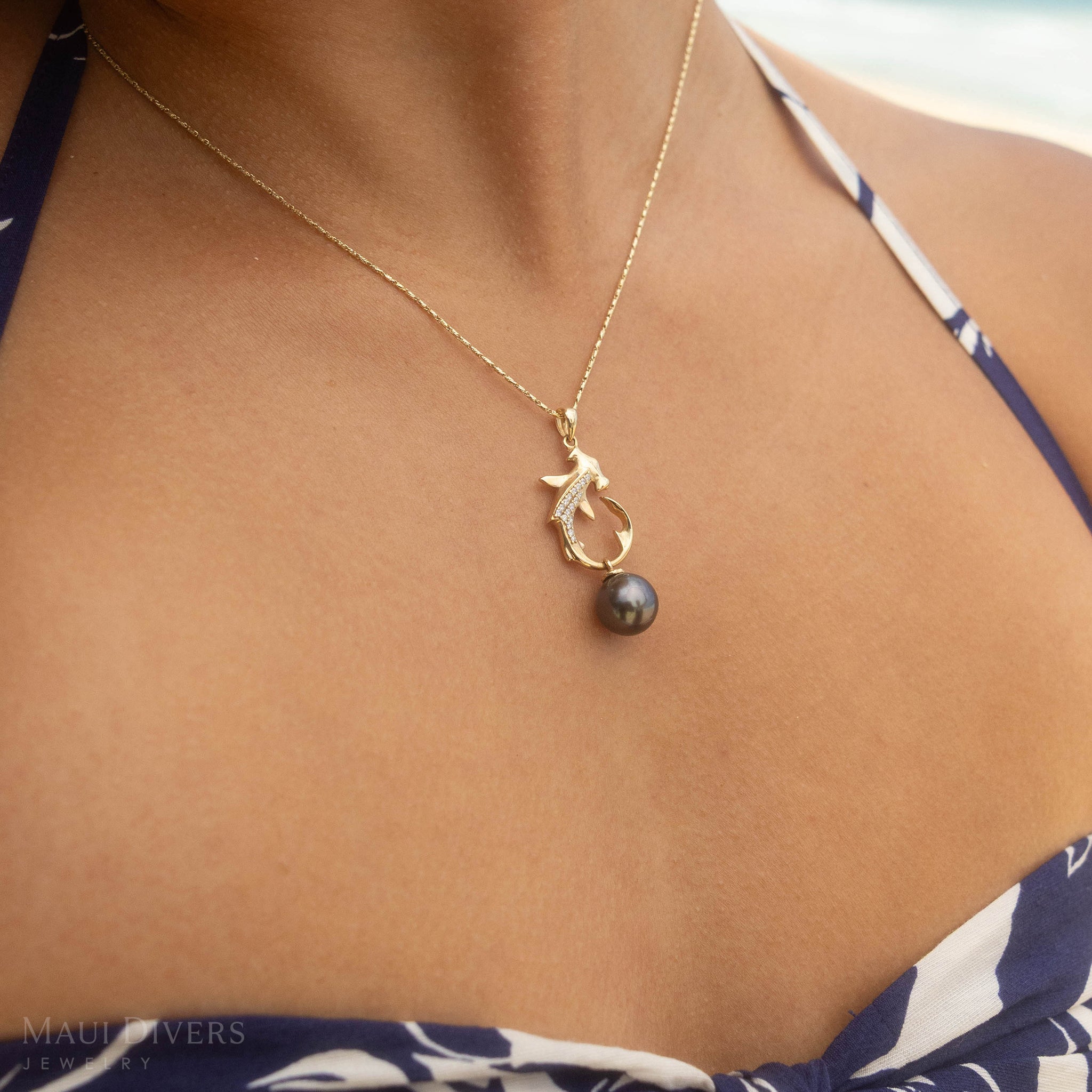 Ocean Dance Hammerhead Shark Tahitian Black Pearl Pendant in Gold with Diamonds