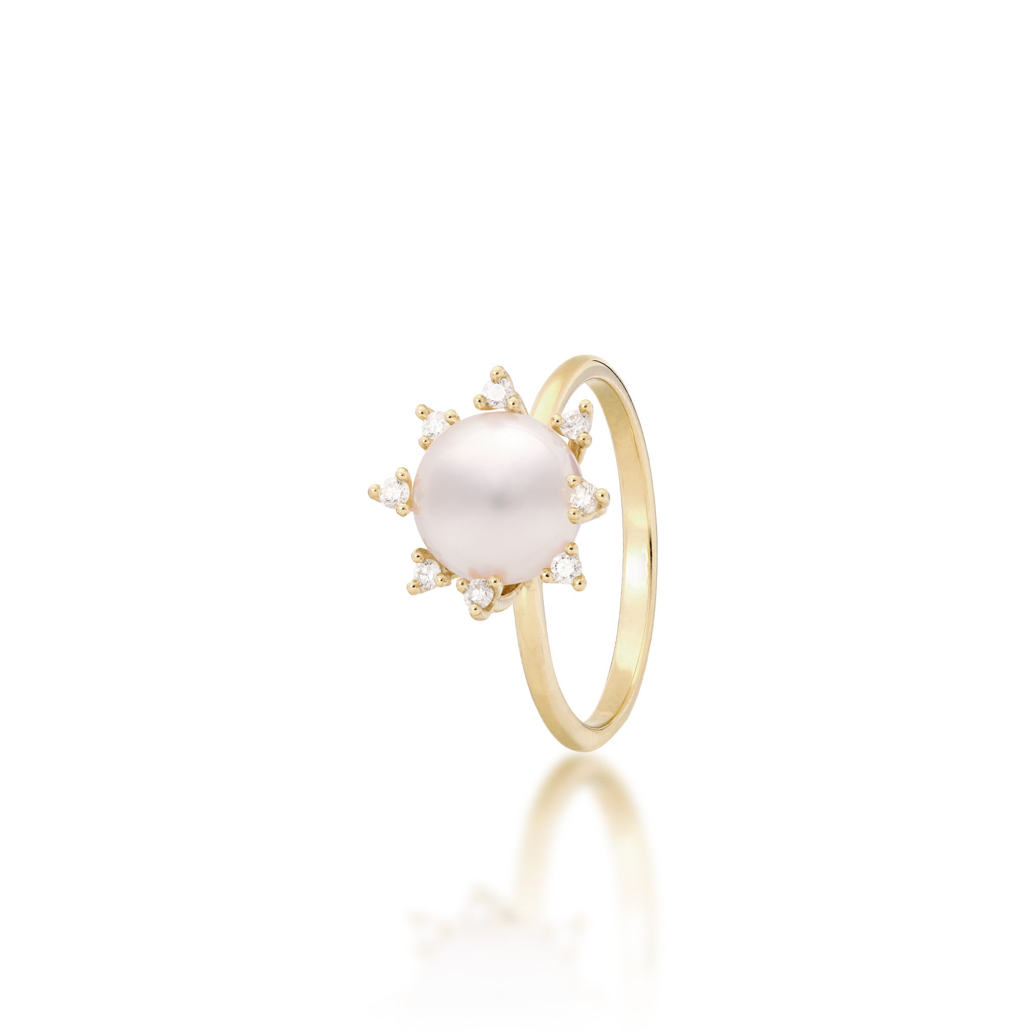 Protea Flower Akoya White Pearl Ring in Yellow Gold with Diamonds