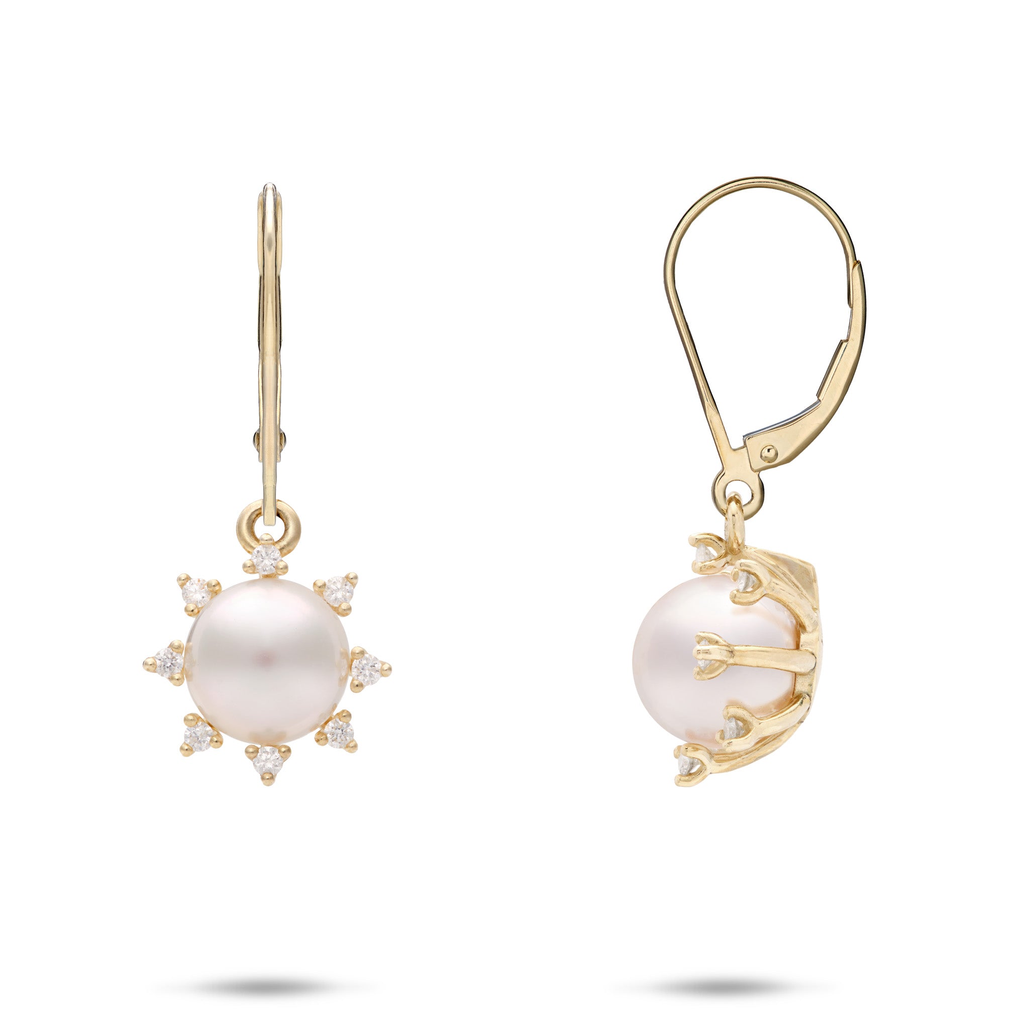 A pair of 14k yellow gold leverback protea-flower inspired earrings featuring a round white Akoya pearl surrounded by diamond accents, shown from two angles on a white background.