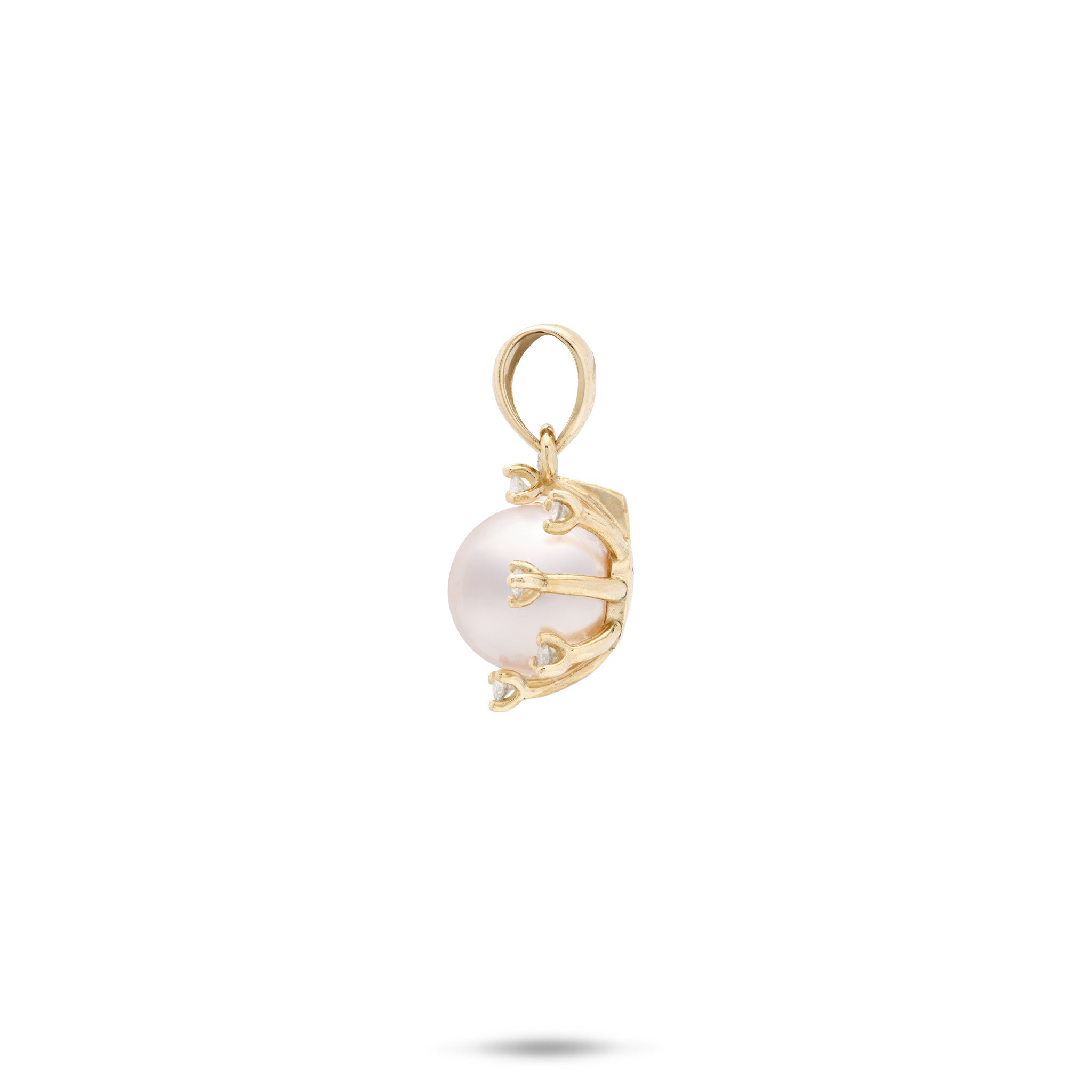 Side view of the Protea Akoya White Pearl Pendant in 14k Yellow Gold with Diamonds on a white background