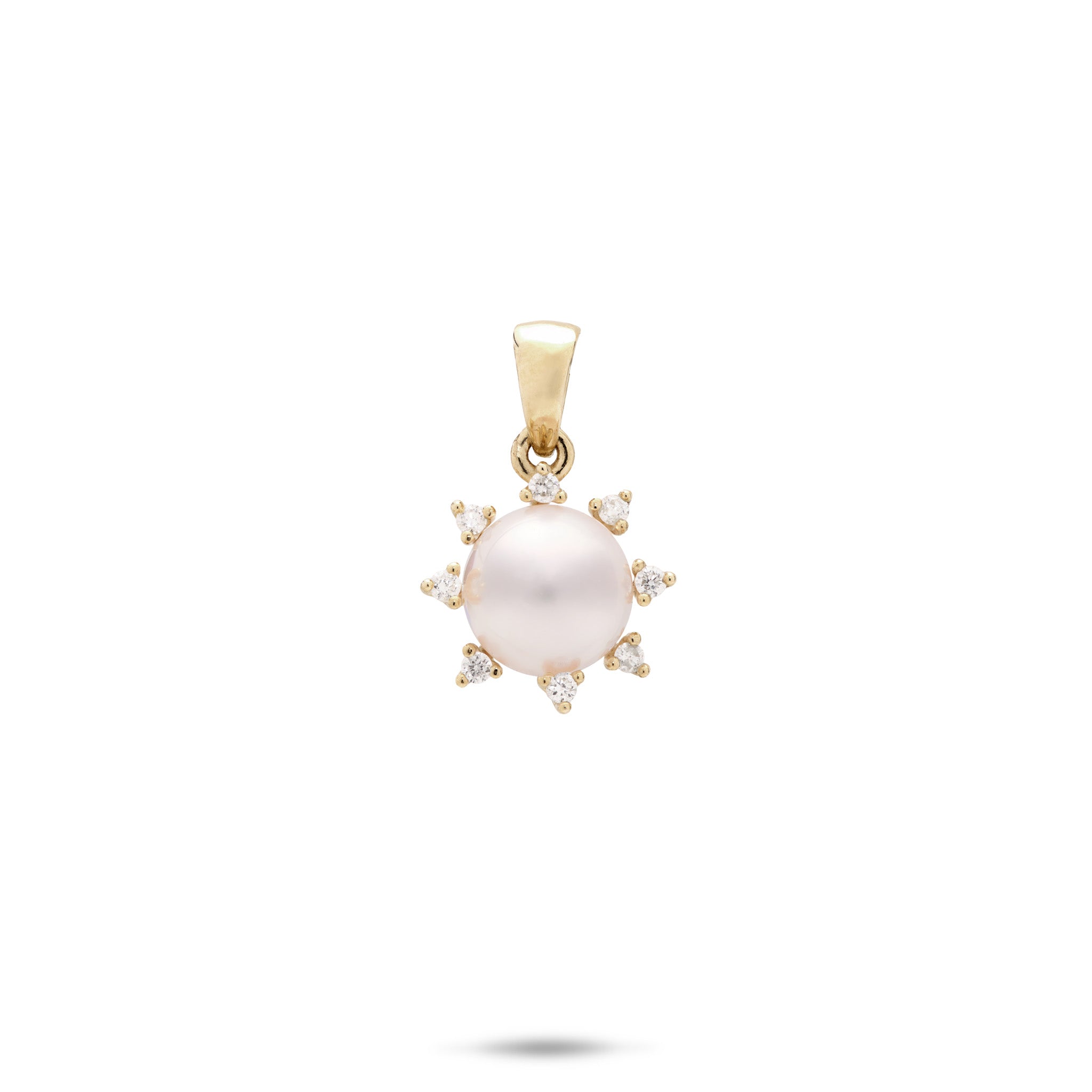 Protea Akoya White Pearl Pendant in 14k Yellow Gold with Diamonds on a white background