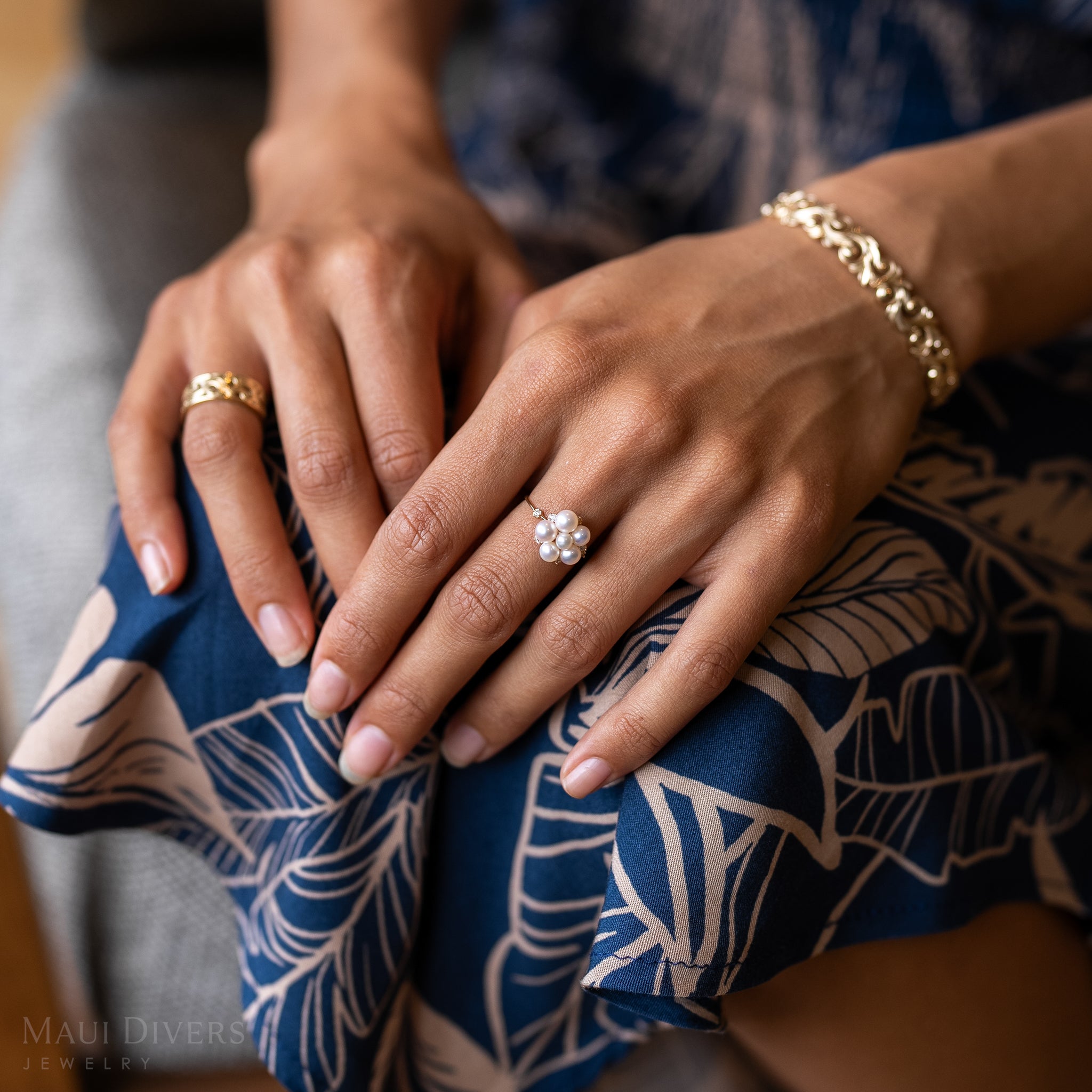 Tiny Bubbles Freshwater White Pearl Ring in Gold with Diamonds