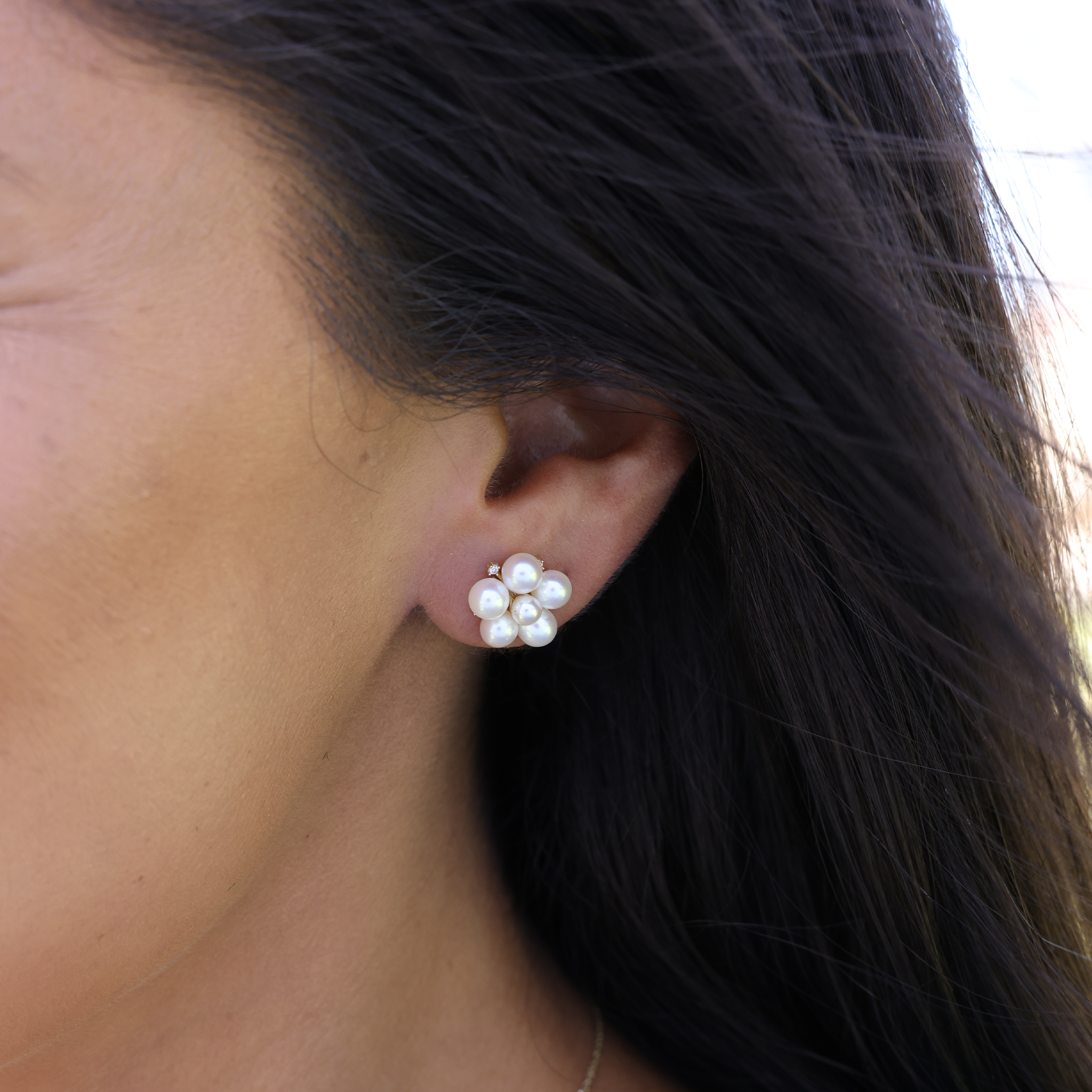 Tiny Bubbles Freshwater White Pearl Earrings in Gold with Diamonds