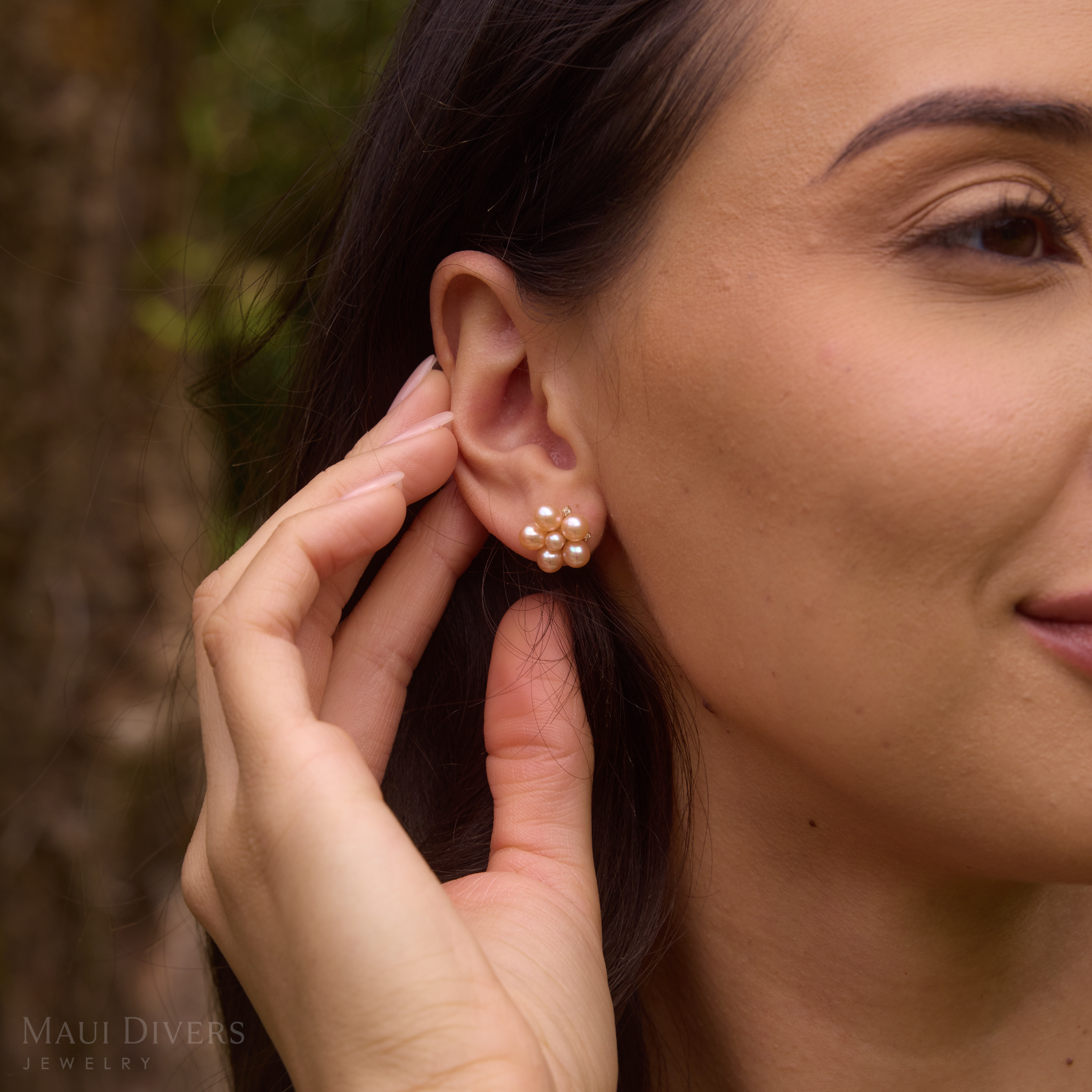 Tiny Bubbles Peach Freshwater Pearl Earrings in Gold with Diamonds