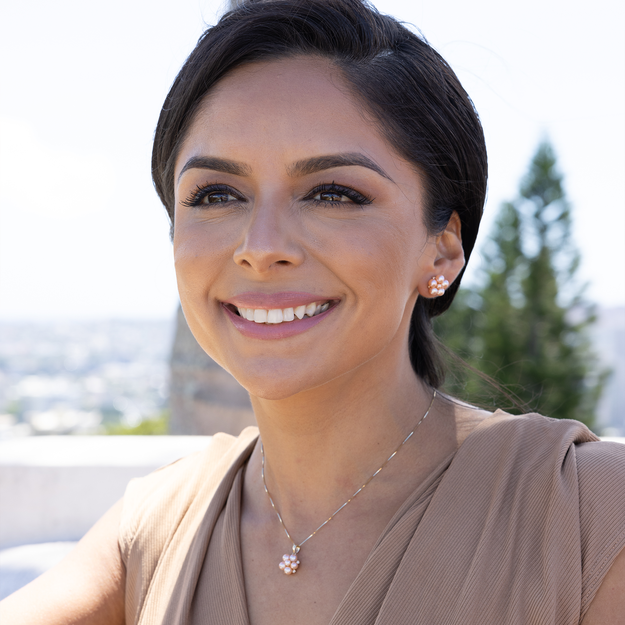 Tiny Bubbles Peach Freshwater Pearl Earrings in Gold with Diamonds