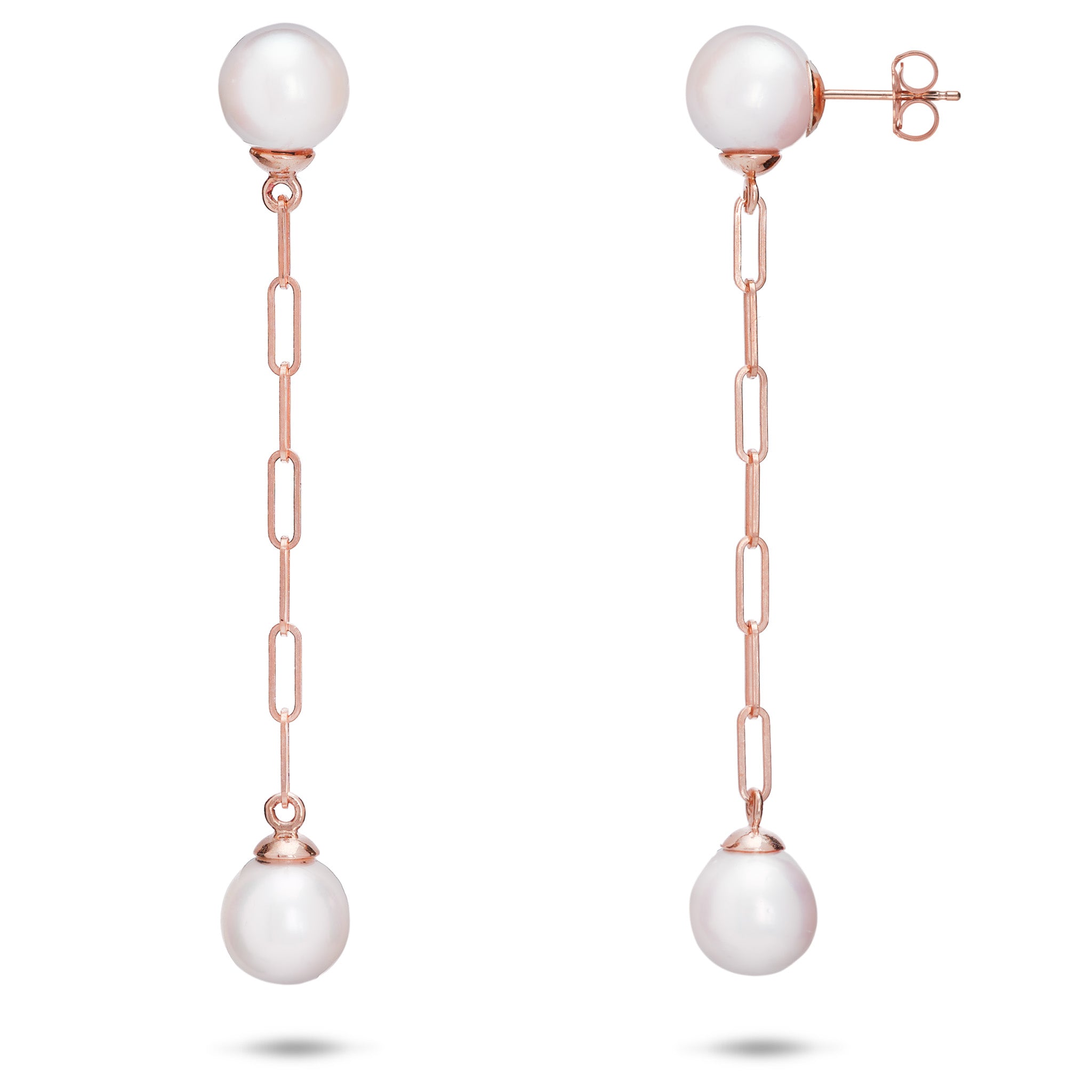 8mm Akoya White Pearl Paperclip Chain Earrings in Rose Gold