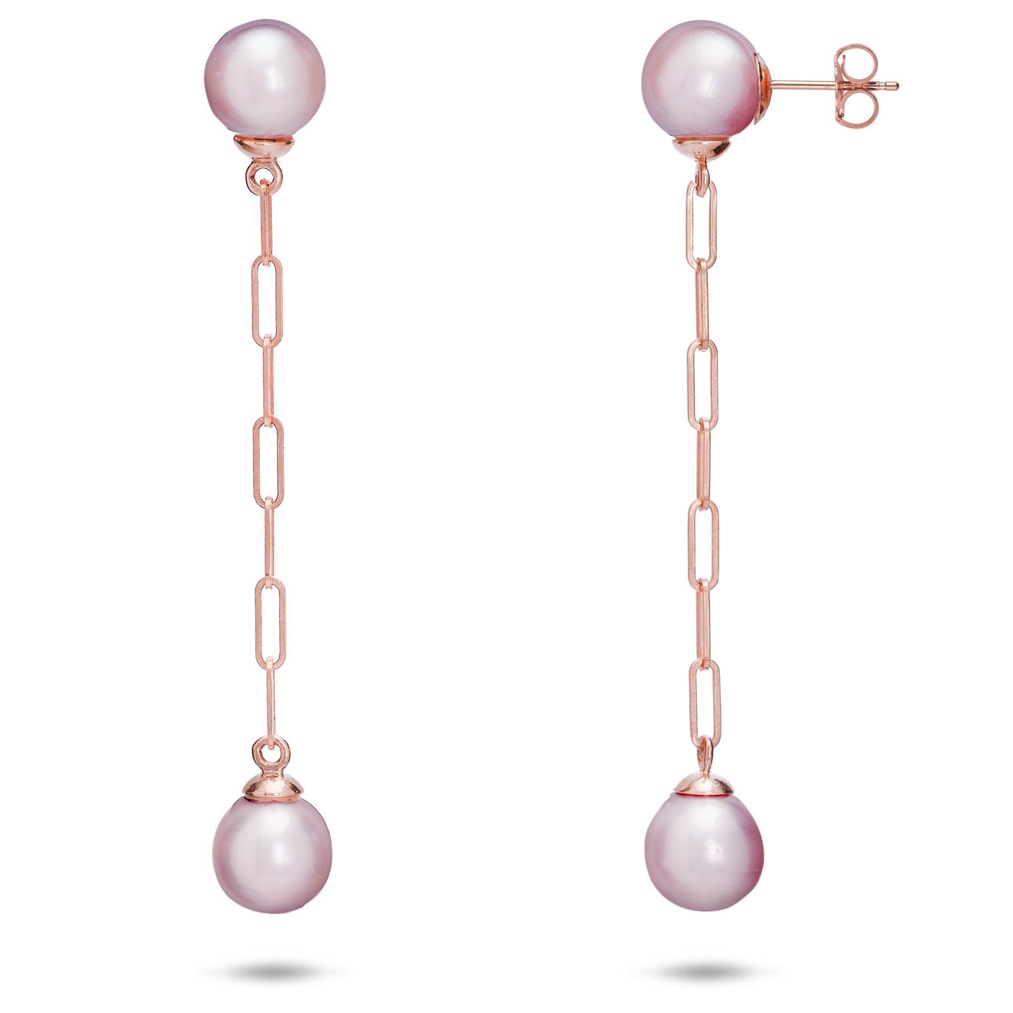 9-10mm Freshwater Ultraviolet Pearl Paperclip Chain Earrings in 14k Rose Gold