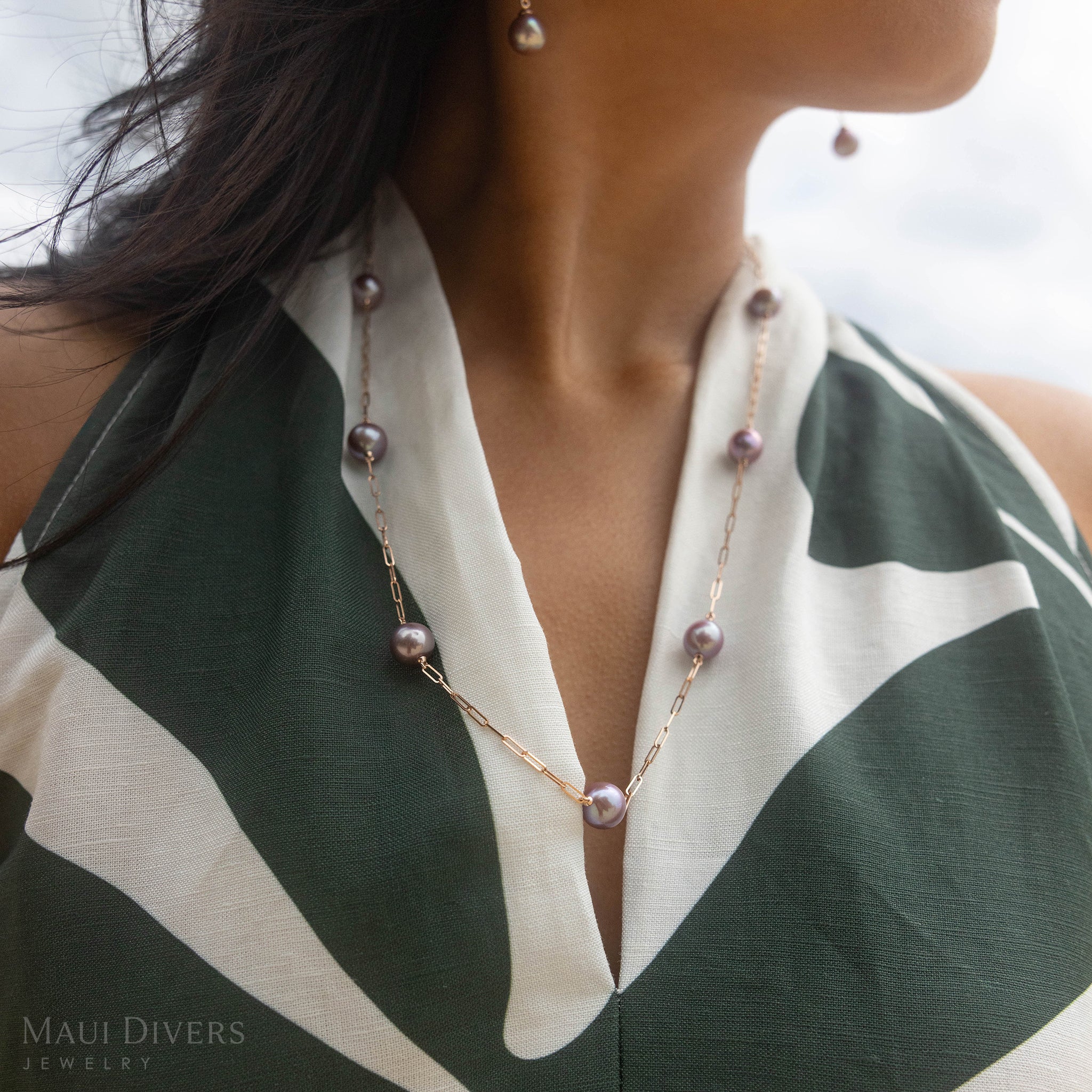 Adjustable 24" Ultraviolet Freshwater Pearl Paperclip Chain Necklace in Rose Gold