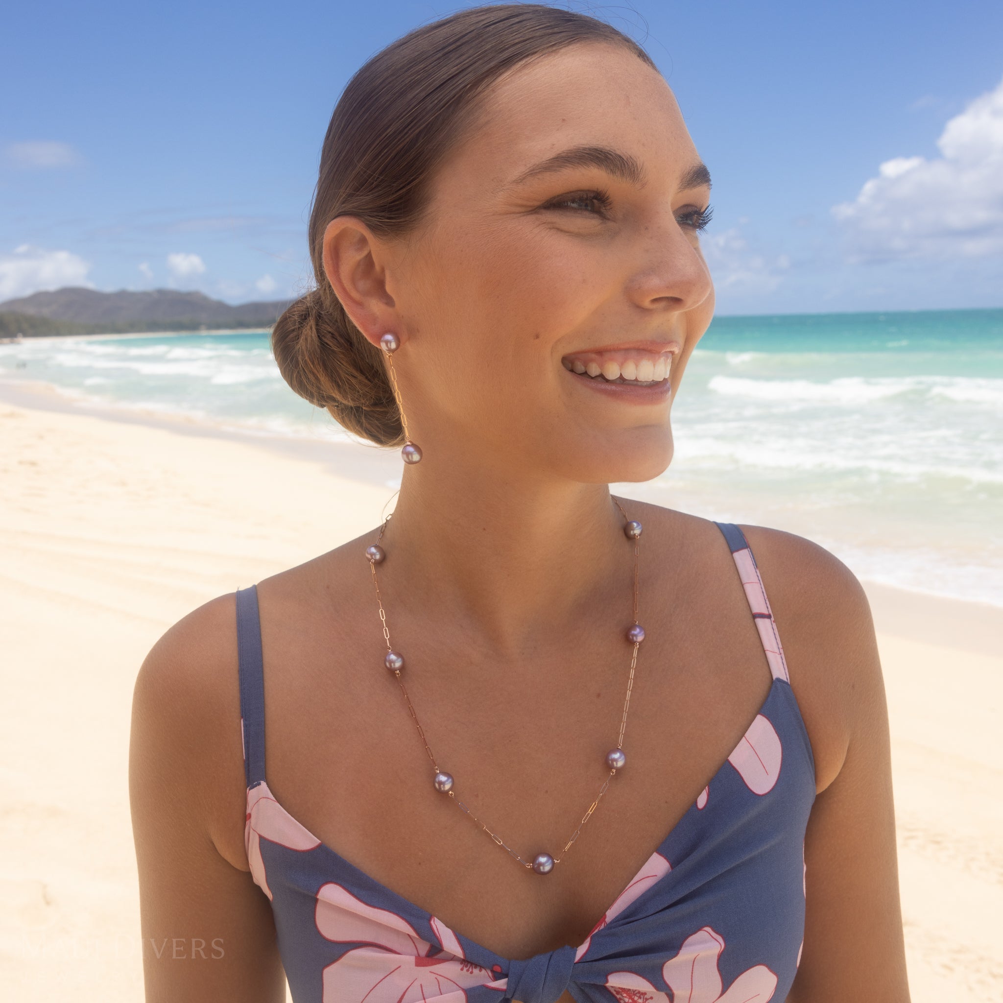 Adjustable 24" Ultraviolet Freshwater Pearl Paperclip Chain Necklace in Rose Gold