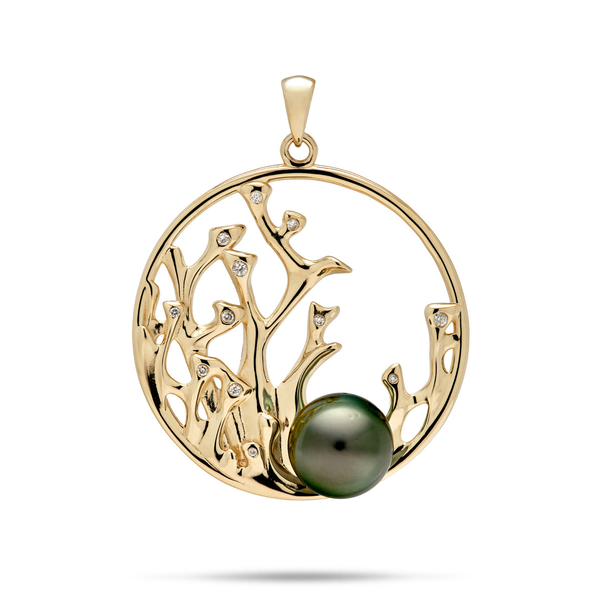Reefs 30mm circle pendant in 14k gold with coral branch design and diamond detail on the branch tops accented with a 9-10mm Tahitian Black Pearl on a white background