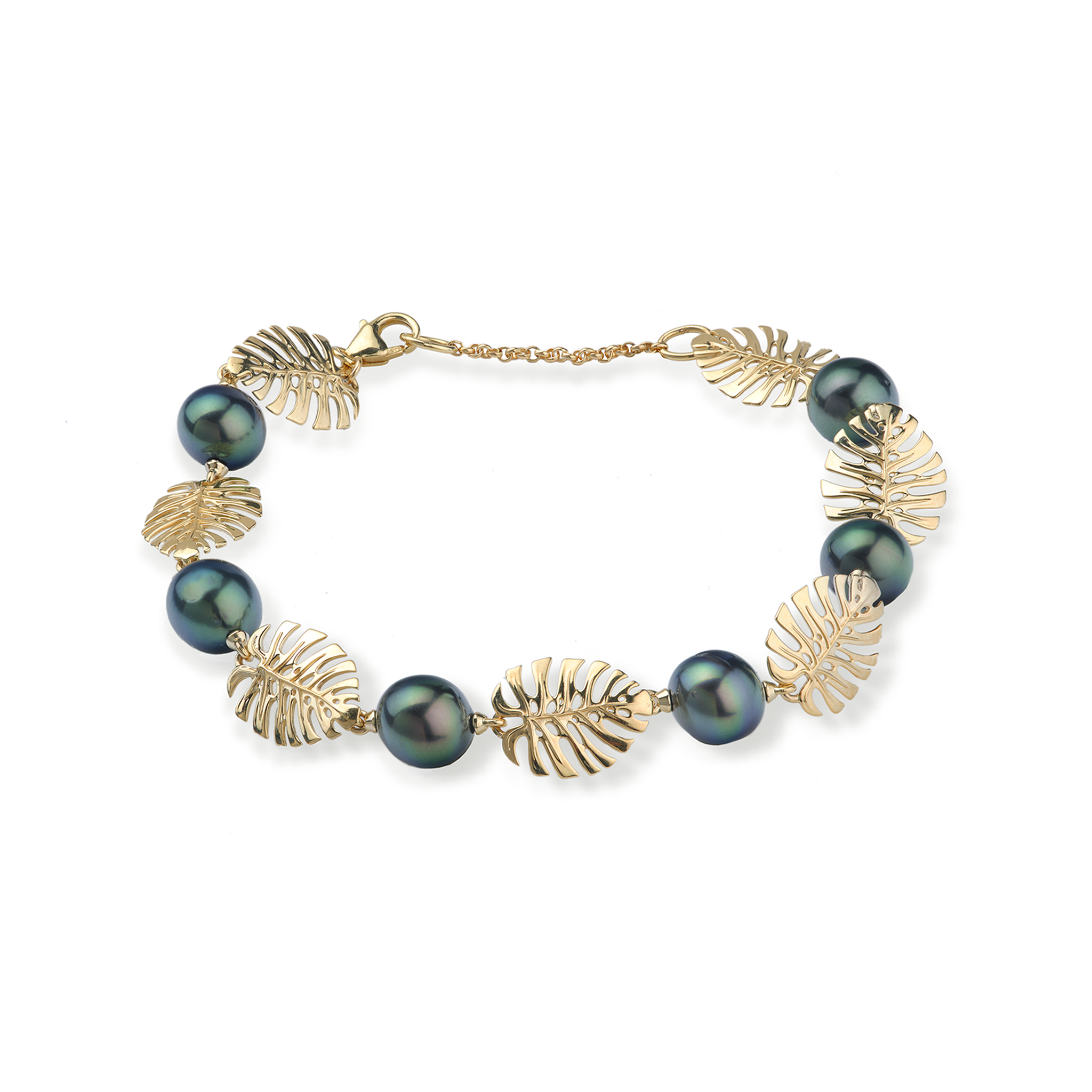 7.5-8.5" Adjustable Monstera Tahitian Black Pearl Bracelet in Gold - 8-9mm