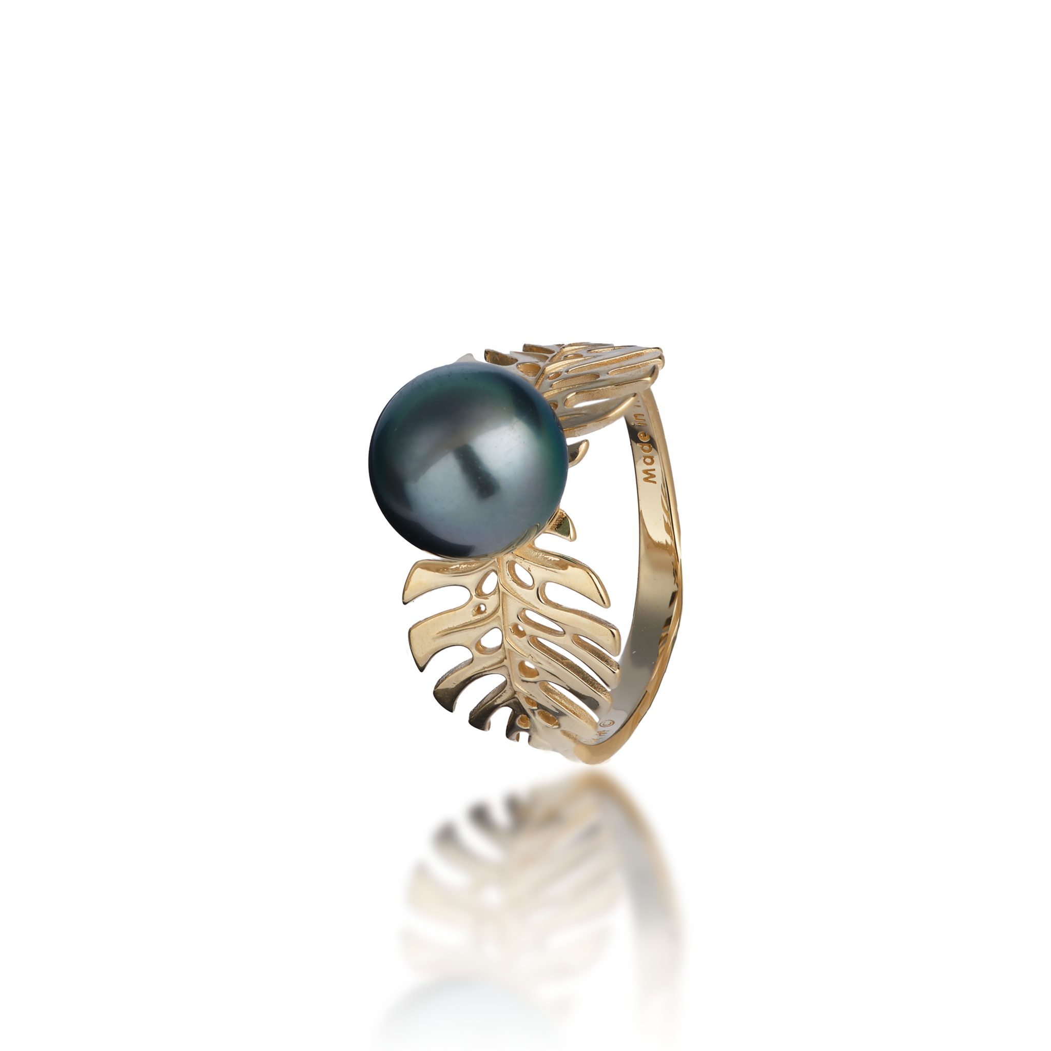 Monstera Tahitian Black Pearl Ring in Gold - 8-9mm