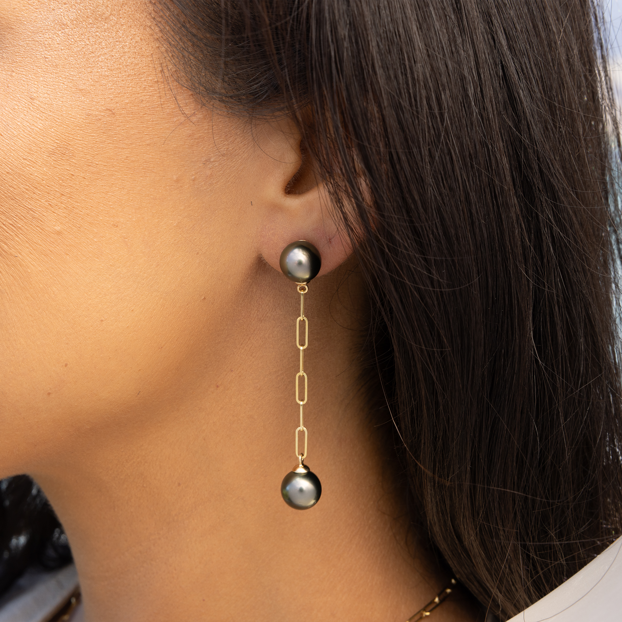 タヒチアン ブラック パール ペーパークリップ チェーン ピアス ゴールド - 9-10mm
