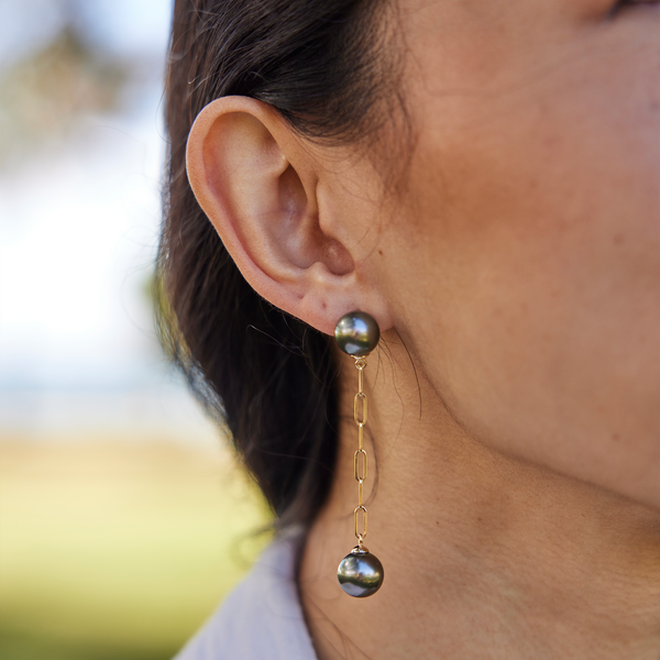 Tahitian Black Pearl Paperclip Chain Earrings in Gold - 9-10mm