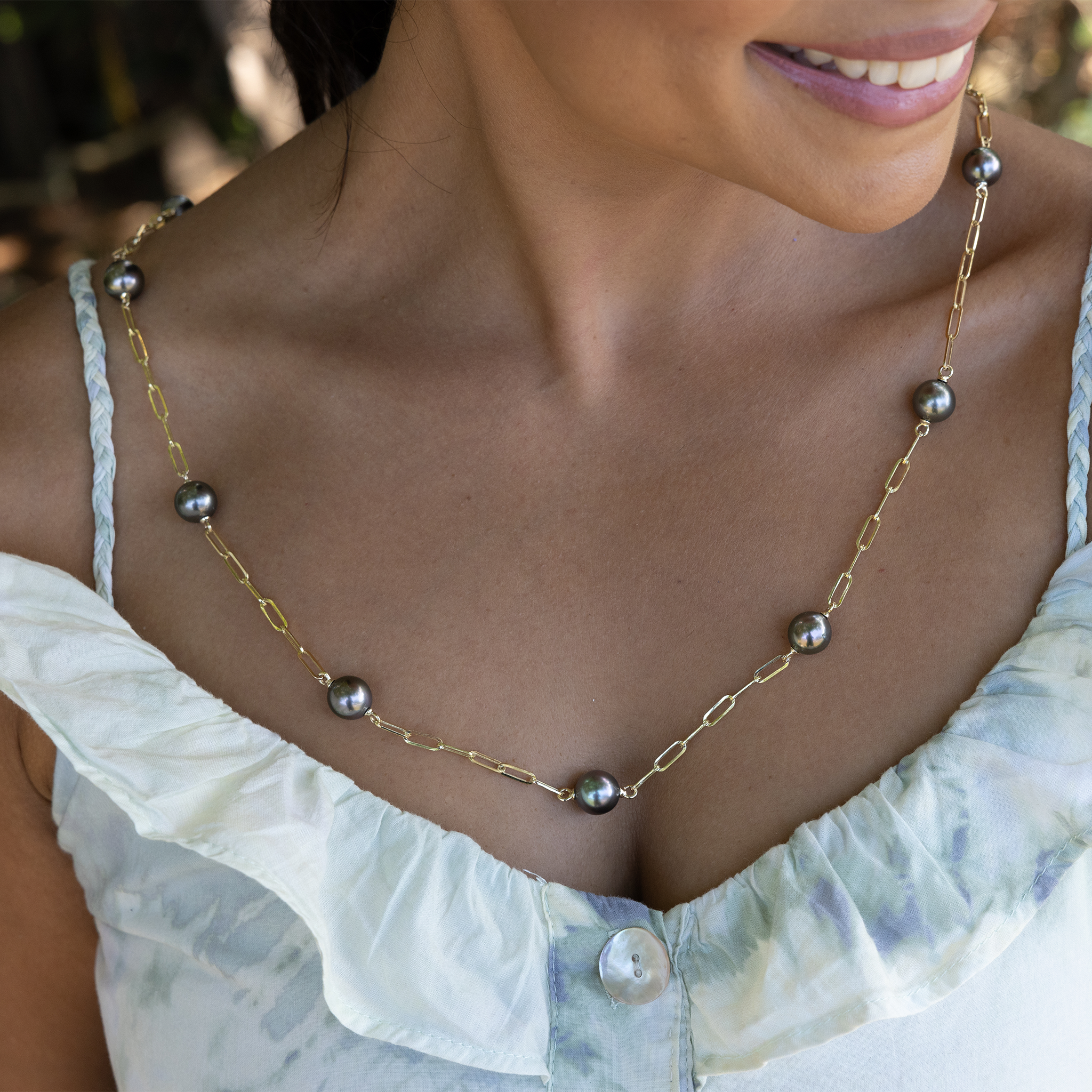 Adjustable 34-35" Tahitian Black Pearl Paperclip Chain Necklace in Gold - 10-11mm