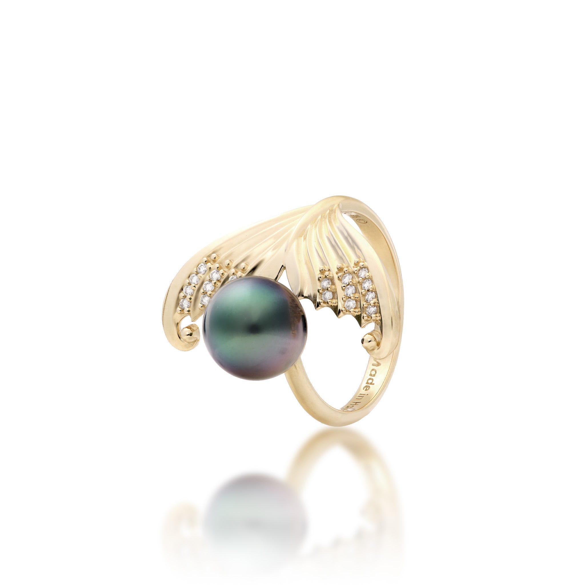 Angle view of the Diamond Mermaid Tail and Tahitian Black Pearl Ring in 14k Yellow Gold on a white background