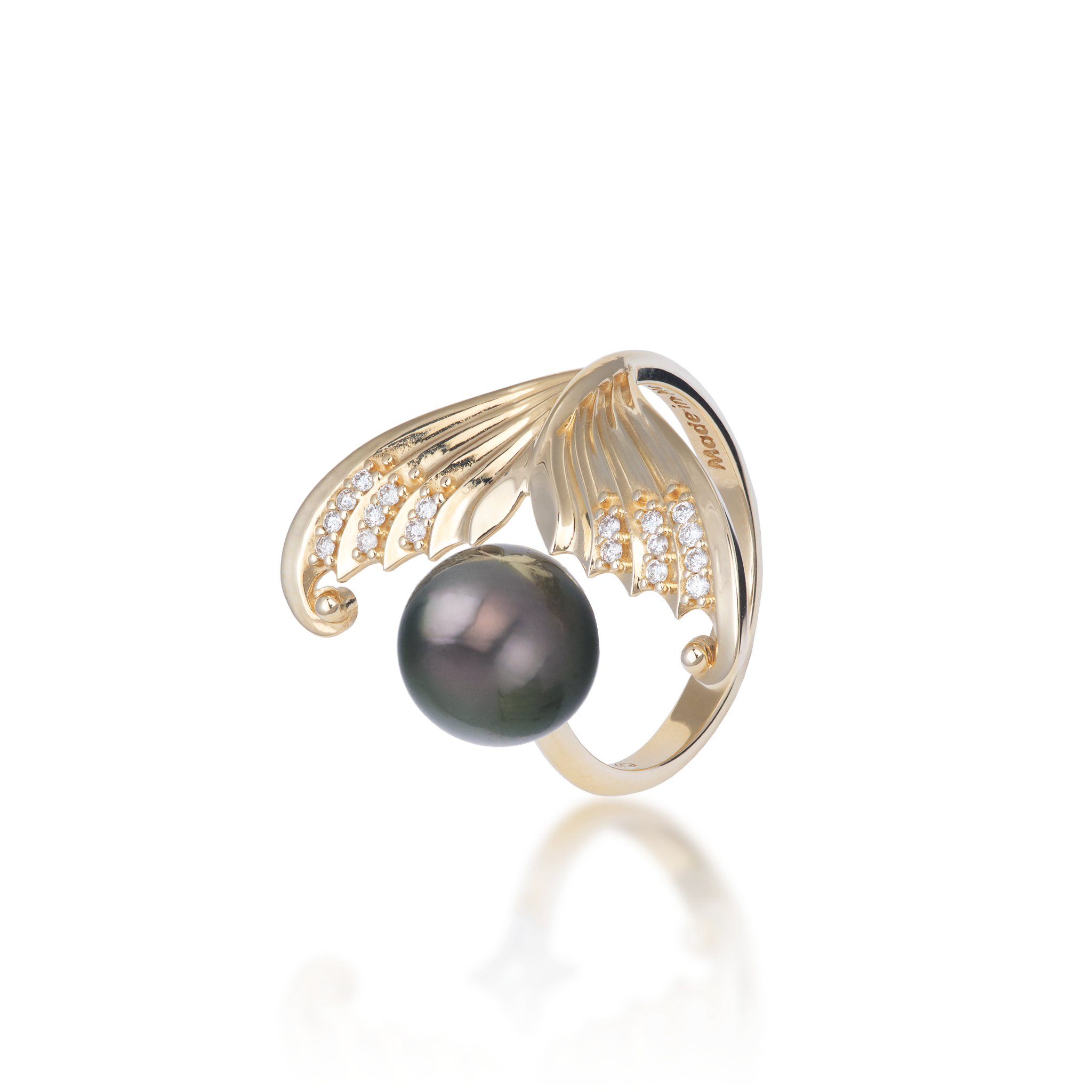 Moon Mermaid Tahitian Black Pearl Ring in Gold with Diamonds - 9-10mm