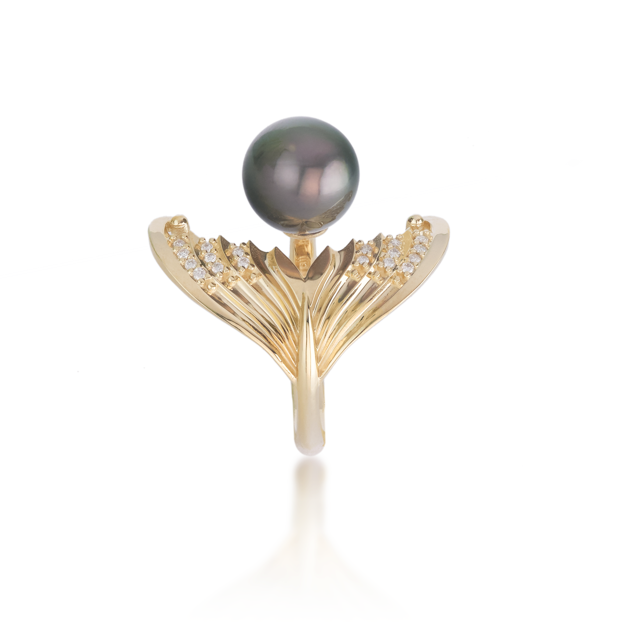 Moon Mermaid Tahitian Black Pearl Ring in Gold with Diamonds - 9-10mm