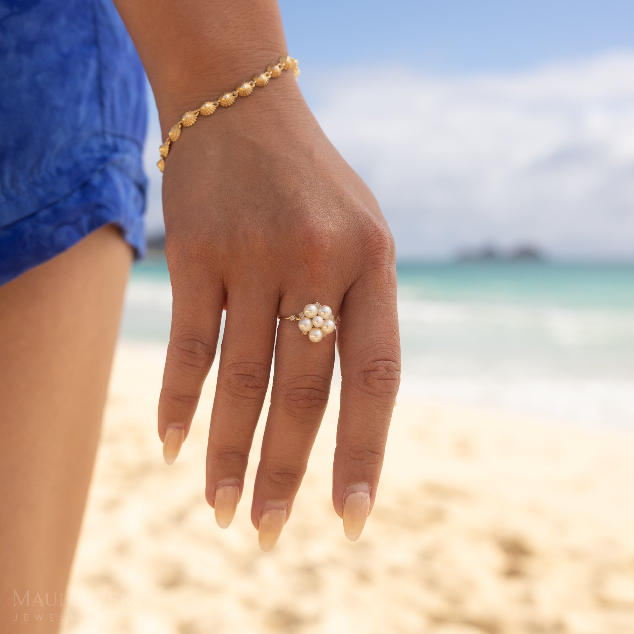 Tiny Bubbles Freshwater White Pearl Ring in Gold with Diamonds