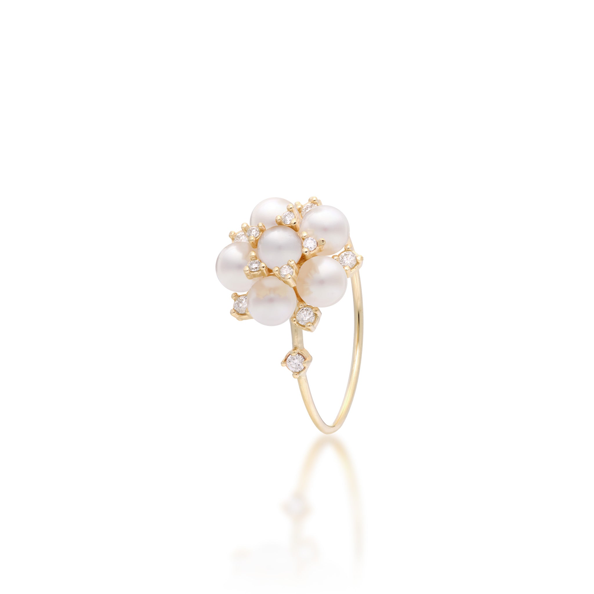 Angle view of the Bubble-inspired White Freshwater Pearl and Diamond Ring in 14k Yellow Gold on a white background