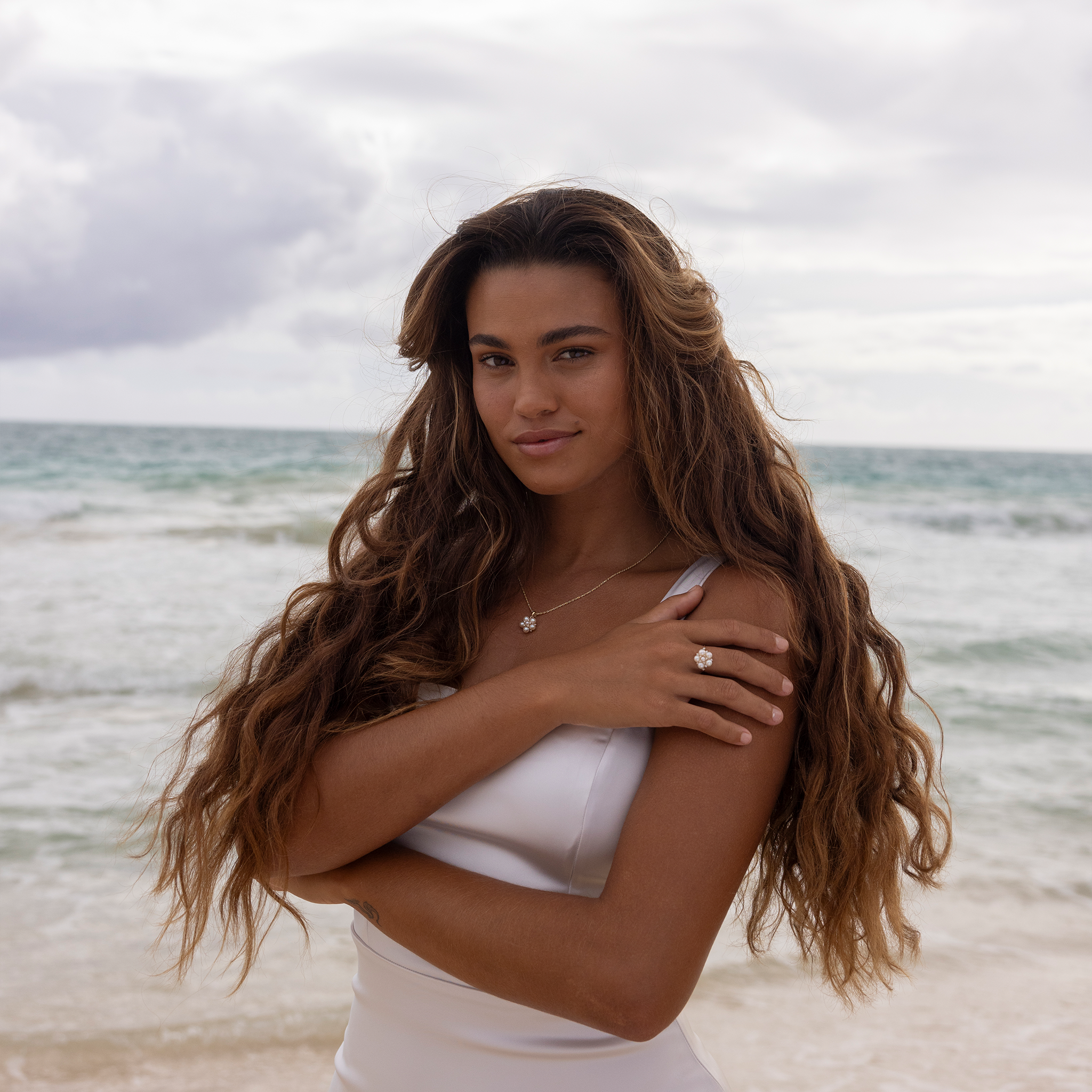 Tiny Bubbles Freshwater White Pearl Pendant in Gold with Diamonds