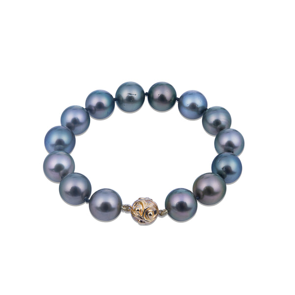 8" Tahitian Black Pearl Bracelet with Magnetic Gold Clasp - 12-14mm