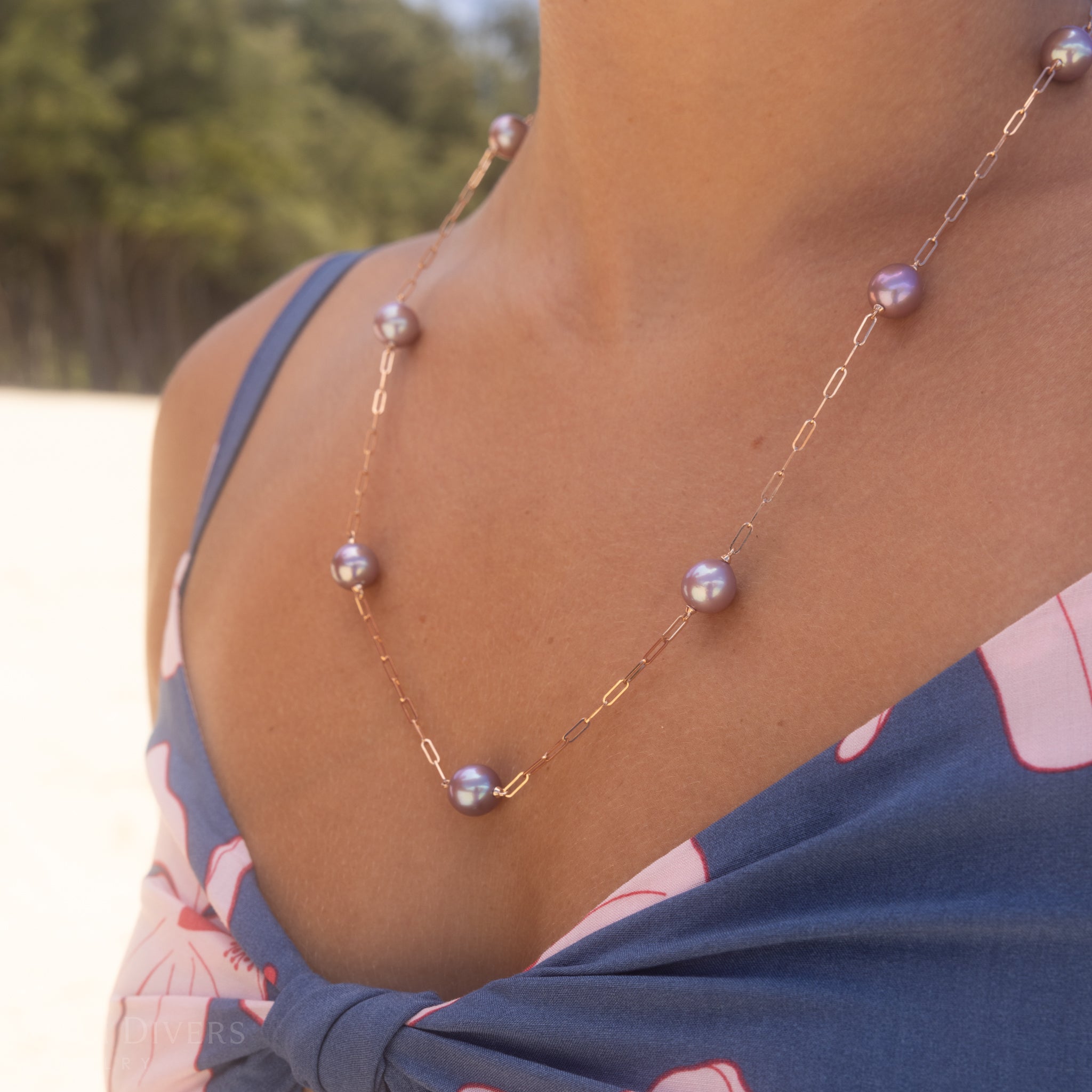 Adjustable 24" Ultraviolet Freshwater Pearl Paperclip Chain Necklace in Rose Gold